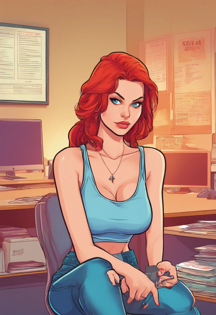 sexy 20 years old female, blue eyes redhair, slim body, wearing jeans, half naked in office showing her ass