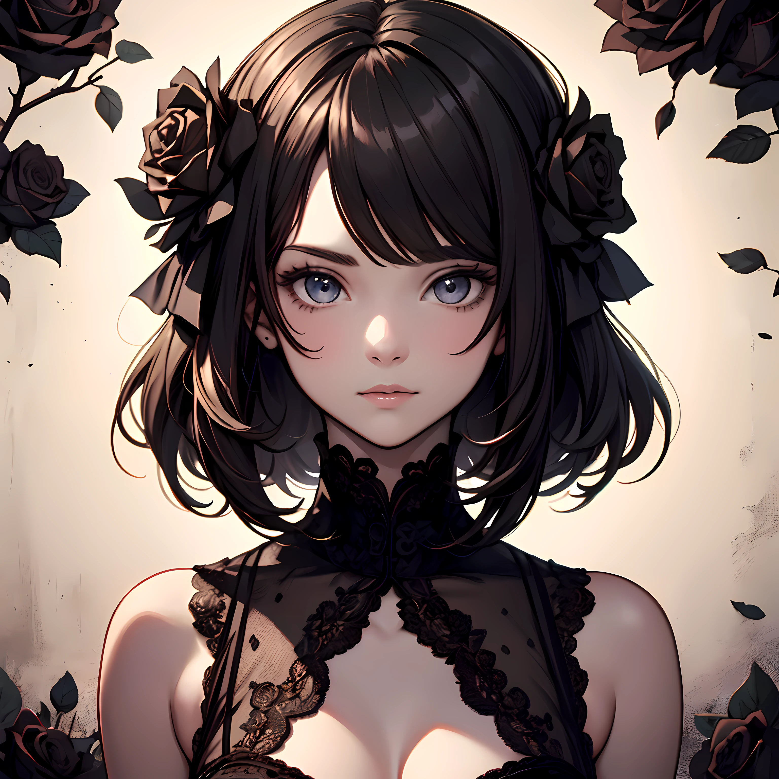 Super masterpiece, High resolution, Girl with beautiful face in the center of a big black rose, A lot of black roses around it, Delicate and detailed writing