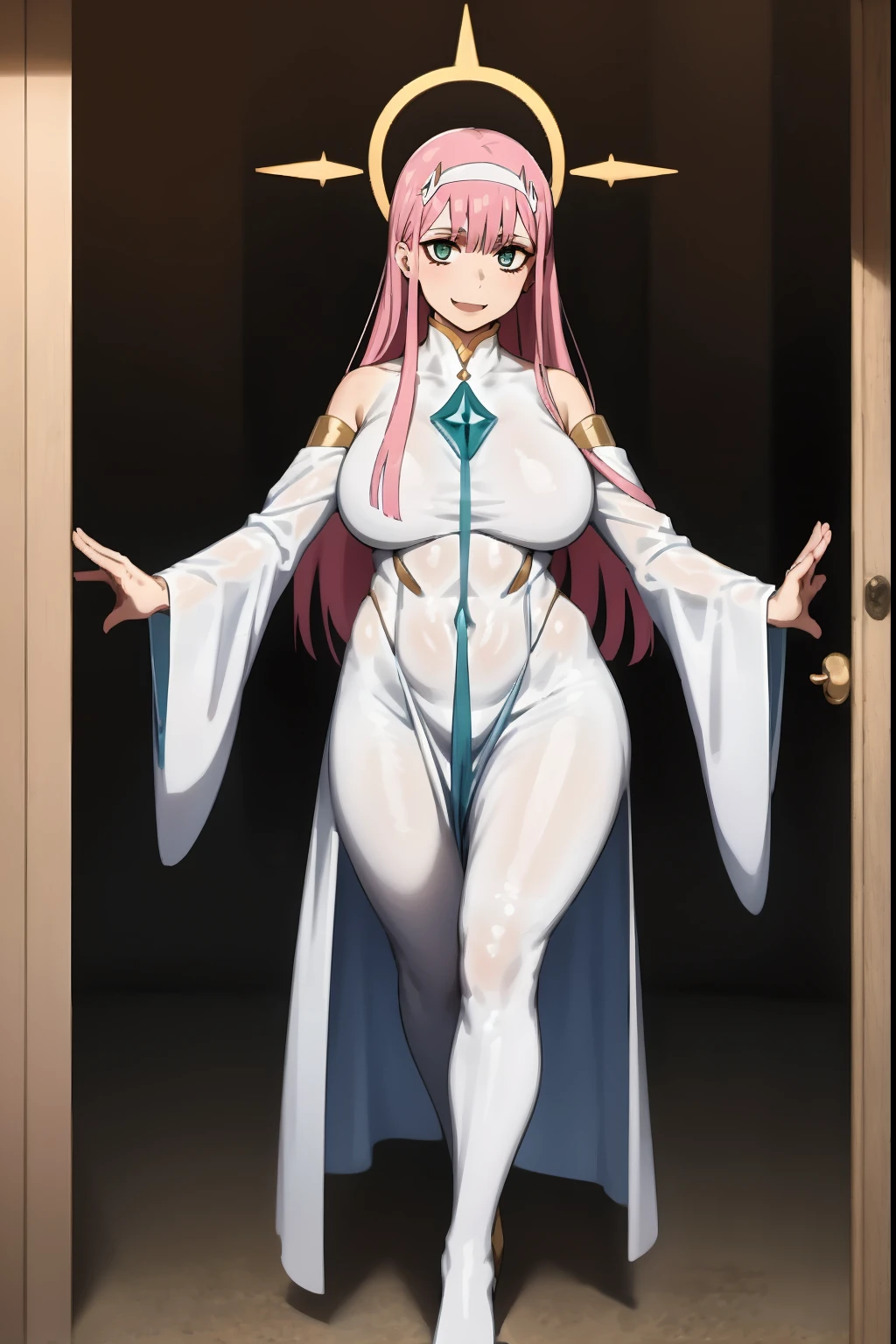 Zero Two, dress, sun halo, holy, smile, medium breast, priestess, full body, walking, divine aura, sun halo, solar halo, long skirt, porcelain skin, ethereal, graceful movement, flowing golden hair, radiant beauty, enchanting gaze, serene expression, soft sunlight, angelic presence, celestial atmosphere, mystical background, celestial light, glowing halo, gentle breeze, ethereal glow, captivating aura, divine radiance, natural beauty, sublime elegance, heavenly charm, peaceful countenance, harmonious surroundings, ethereal grace, mesmerizing presence, transcendent allure, magical serenity, serene and majestic, radiant happiness, heavenly enchantment, delicate features, elegant posture, celestial maiden, otherworldly presence, serene and ethereal, divine embodiment, celestial being, spiritual tranquility, mesmerizing beauty, ethereal goddess, radiant purity. Preparing SeaArt Bot Txt2Img Default 21:19:45, green eyes, white robe, large skirt, long skirt, longeyelashes, solid circle eyes, light smile, ear blush, fang, Surrealism, drop shadow, anaglyph, stereogram, tachi-e, pov, atmospheric perspective, 8k, super detail, ccurate, best quality, best quality, high quality, super detail, anatomically correct, retina, UHD, masterpiece, high details, award winning, highres, textured skin, ccurate, venus body,medieval clothing, dark atmosphere, ornate details, dim lighting, dramatic shadows, mysterious aura, intricate lace patterns, porcelain skin, bewitching gaze, elegant posture, majestic presence, flowing silhouette, gothic architecture, candlelit hauntingly beautiful, enchanting presence, ethereal ambiance, alluring expression, intense sensuality, exquisite jewelry, supernatural allure, captivating aura, sensual curves, full body, boots, happy, smile, boots, standing pose, black cape