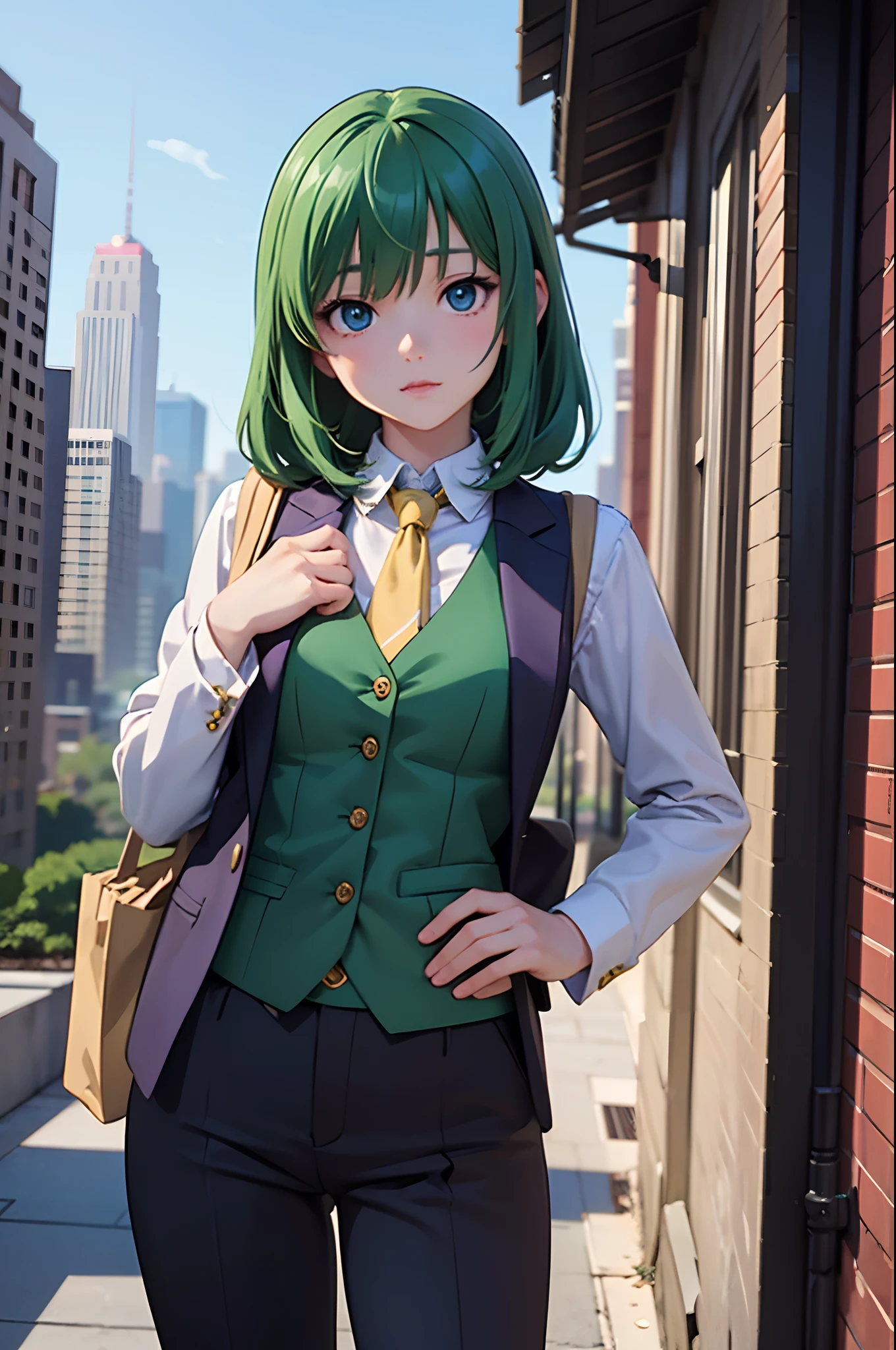 (Best quality), (masterpiece:1.3), (anime illustration:1.36), (realistic), ultra-detailed, 1girl, solo, The Gotham City Joker as a girl. Purple suit, green shirt, khaki waistcoat, green hair, (Colour designations are important.)