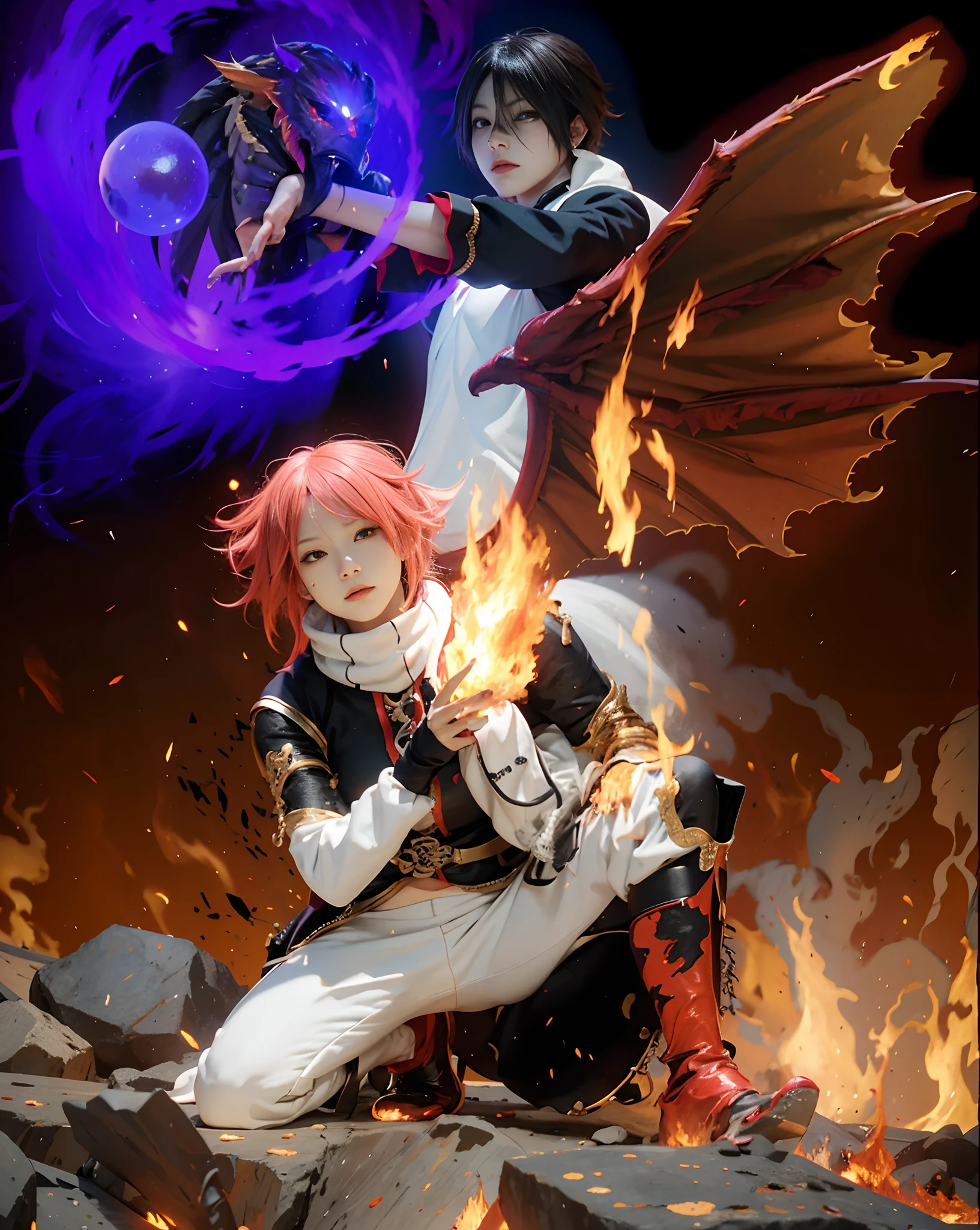(Natsu,zeref _fairytail)),((realistic, photorealistic)),(Steel mask )), Light reflection, (( mask light)), navel, detached sleeves,((upper body)), (((best quality, masterpiece))), Looking for viewers, Burning fire, red gradient, fire element, Standing on a rock, fire debris, Red aura,Dragon feet, dragon wings,Blue element, fire smoke, ground fire cracks,fire in hand,