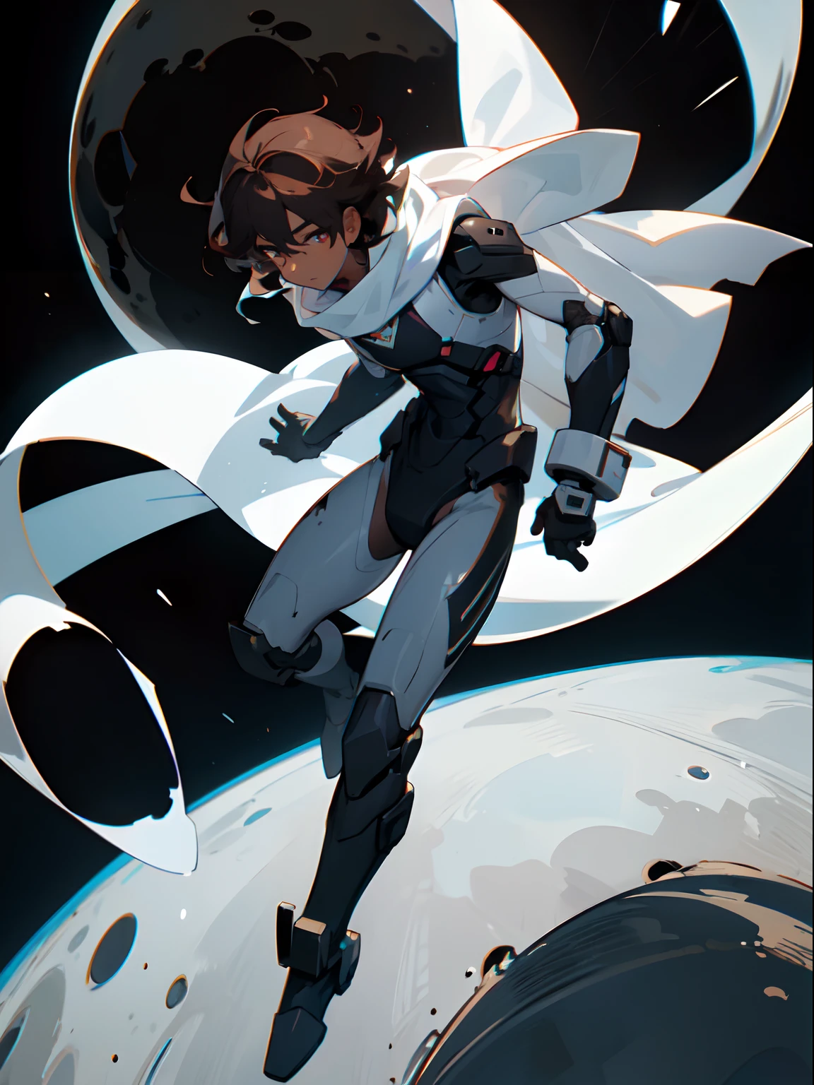 Masterpiece, highres, High quality, Dark skin teen, male, medium dark brown hair hair, big innocent eye's, wearing a black full body exosuit, multiple white long  torn scarf's, floating on the moon,  floating, looking at planet earth heroic