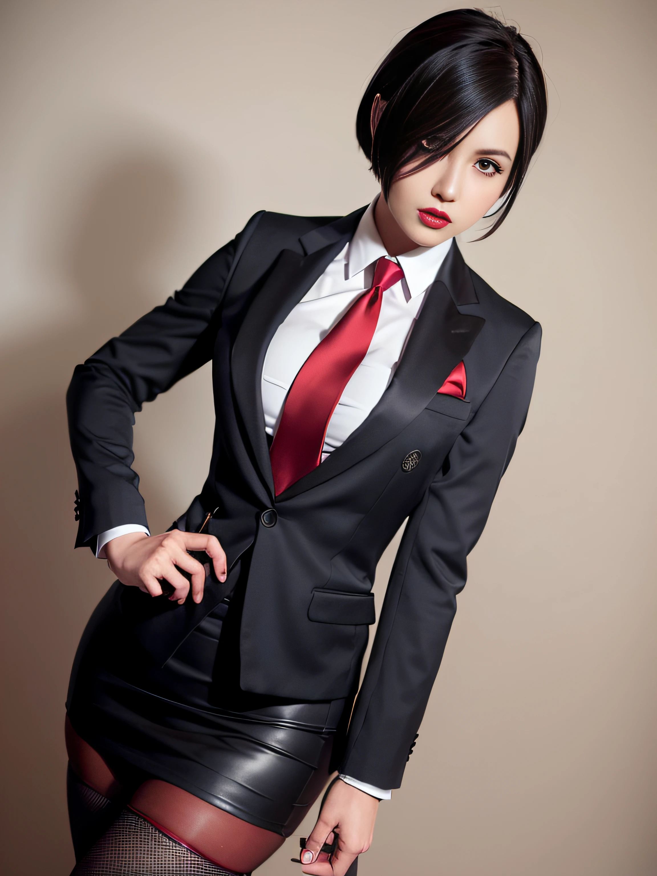 Resident Evil 4, Ada Wong, 1girl, makeup, silky hair, fully clothed, skirt suit, suit and tie, (((three-piece suit))), silk dress shirt, shirt and tie, necktie, ((blazer)), ((suit jacket)) ((waistcoat)), bodycon miniskirt, pantyhose, tights, stockings, ((red lipstick)), ((pinstripe suit)), high heels, belt, tie clip, pocket square, tailored suit, black gloves