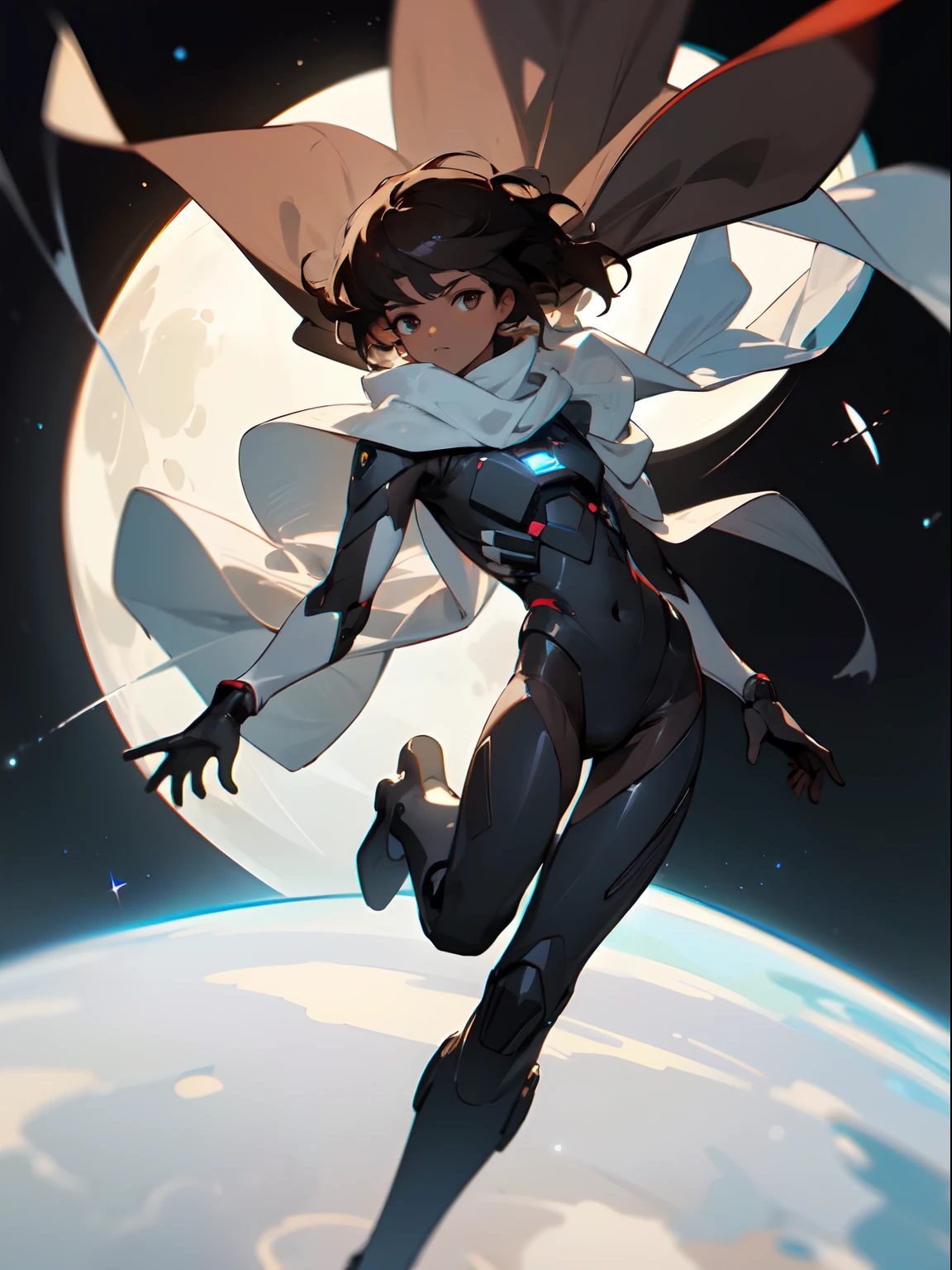 Masterpiece, highres, High quality, Dark skin teen, male, medium dark brown hair hair, big innocent eye's, wearing a black full body exosuit, multiple white long  torn scarf's, floating on the moon,  floating, looking at planet earth|portrait