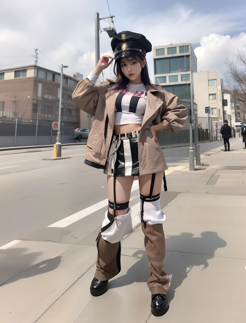 Female idol in jailer fashion、Good Style、Colorful hair、、Idol face、large full breasts、Guard Cap、Tight mini skirt、、Brown jacket、Striped knee socks、jail