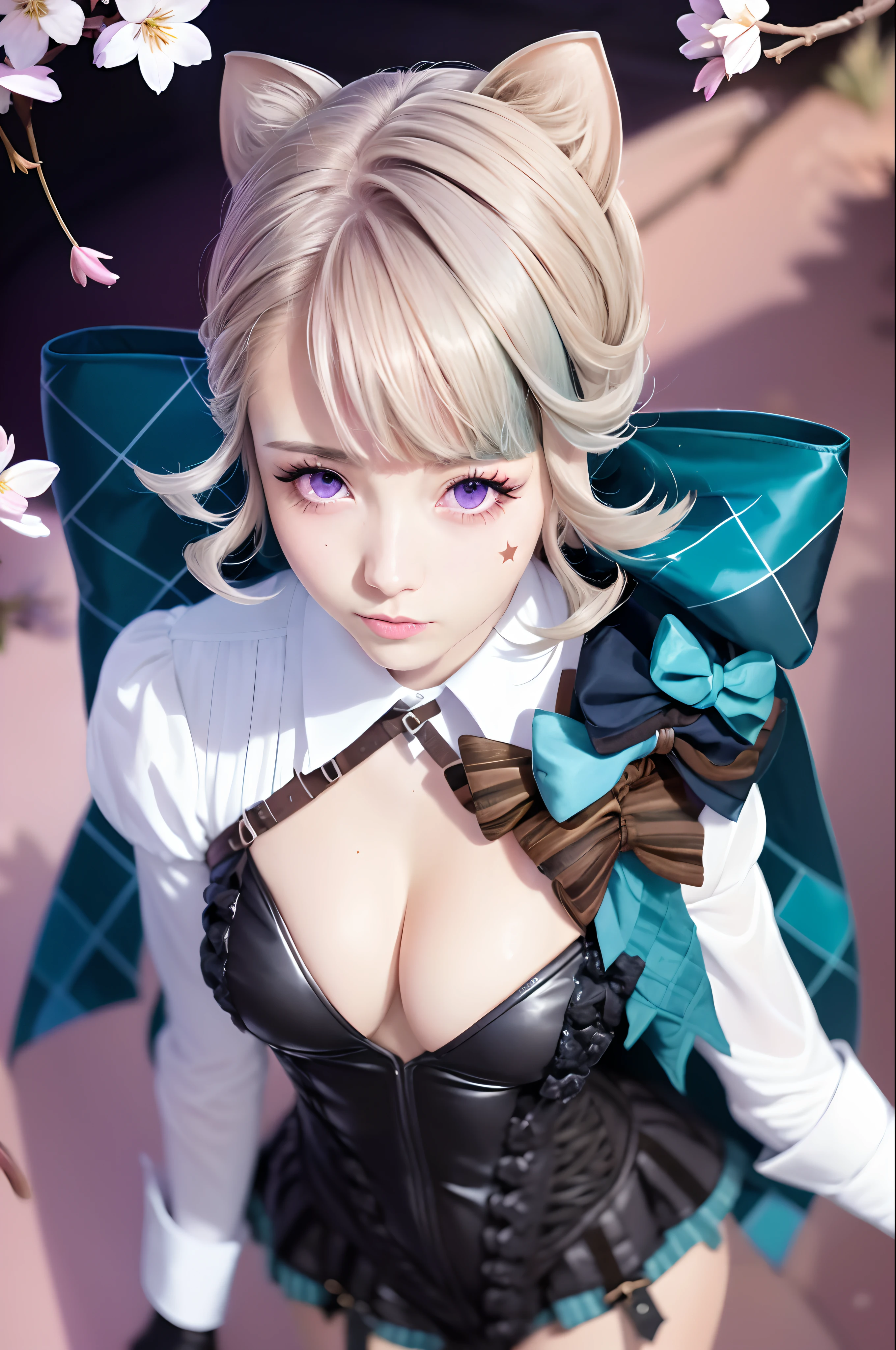 (masutepiece, Best Quality, Glowing light, Glistening, Shiny skin, ultra-detailliert, Detailed background, Complex background),(Perfect face, Detailed face, Detailed eyes,Perfect hands,Perfect fingers), (medium boobs:1.2,Smile),(maturefemale:1.4),Cowboy Shot,Chic,
Lynette,((Gradient Hair)), Gradient Eyes, (Glowing eyes:1.3), mascara, (fashion make up), Parted lips, Animal ears, Cat ears, animal ear fluff, Bow, Graceful tail, Cat tail, pantyhose, Long sleeves, Black Gloves, braid, Skirt, Black pantyhose,
((the Alps、waterside、cherry trees,Cherry blossom petals,Dark blue sky)),((hyper detailed background)), Dynamic Poses, ((8K Wallpaper)) ,