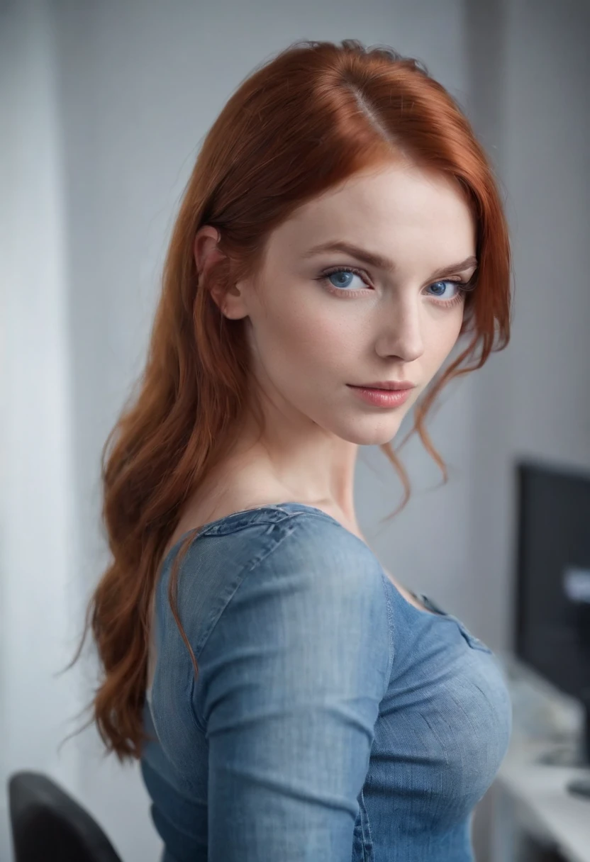 sexy 20 years old female, blue eyes redhair, slim body, wearing jeans, half naked in office showing her ass