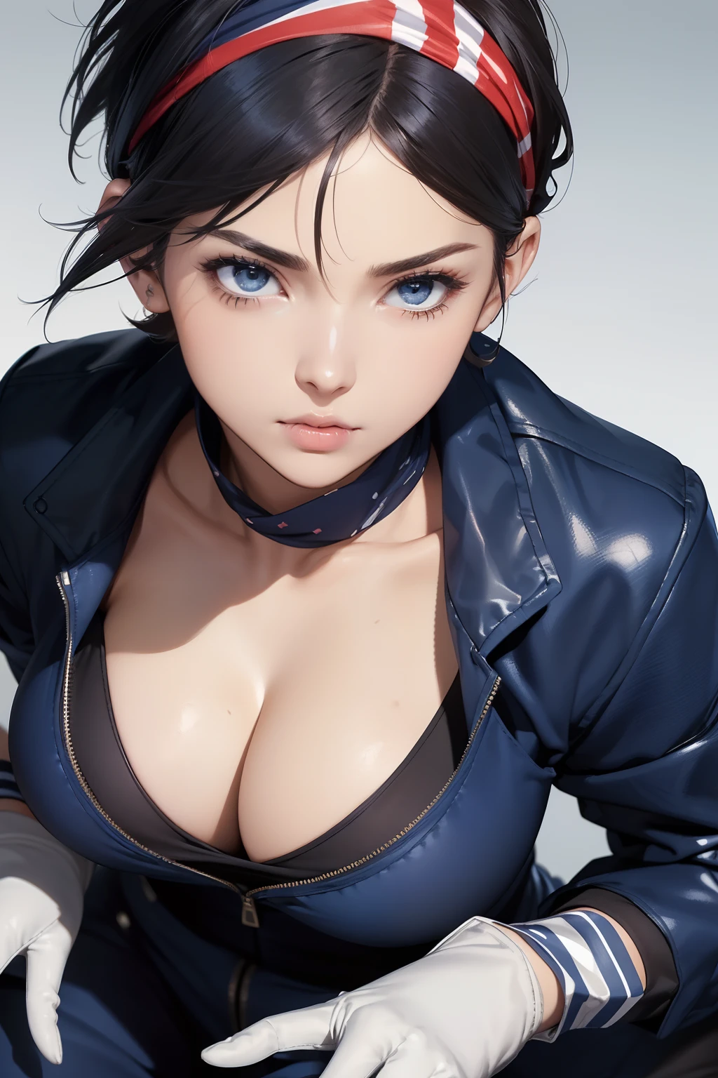 ((masterpiece, best quality, cinematic, photorealistic, ultra-detailed)), ((close-up shot:1.5)), ((perfect anatomy, perfect eyes, perfect hands, large cleavage, round legs:1.2)), ((female mechanic)), ((a two-piece suit with navy blue pants and a matching jacket, both made from flame-resistant material, and reflective stripes for safety)), ((mechanic gloves, ear protection)), ((dark black, short bob cut with a stylish bandana headband)), ((sensual pose)), ((dynamic background))
