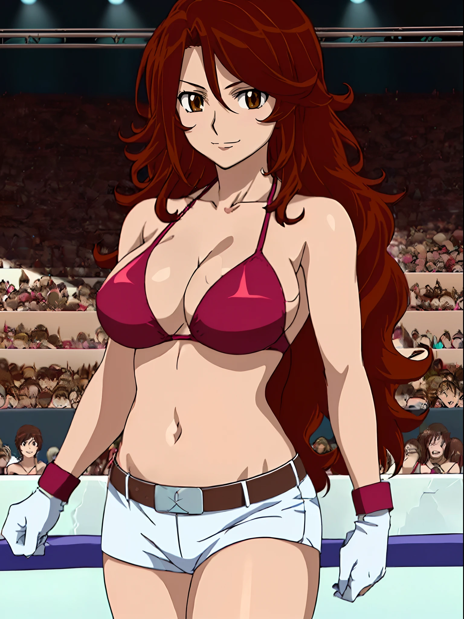 Best Quality, hires, curvy midsection, solo, 1 girl, strong woman, female wrestler, smile, happy), (detailed titration screen, upper body only, anime style: 1.8, anime drawing, ultra detailed face, ultra detailed body, 4k, Sumergai Lee Noriega, (standing), best quality, anime style, hires, highest definition, digital blending, bold drawing lines, ((wwe diva), ((location: wrestling arena, crowds watching)), ( pro female wrestler, long attractive belly, slim body, (strong arm muscles), broad shoulders , off-shoulders, closed fists, (very curvy: 2.8)), ((elegant red bikini , shorts, white gloves, collar, arm band, (champion belt))), (pale skin, big breasts, closed mouth), (big eyes, brown eyes, shiny eyes), (), (reddish hair, loose hair, curly hair, wavy hair, long hair, missy hair), 27 years old