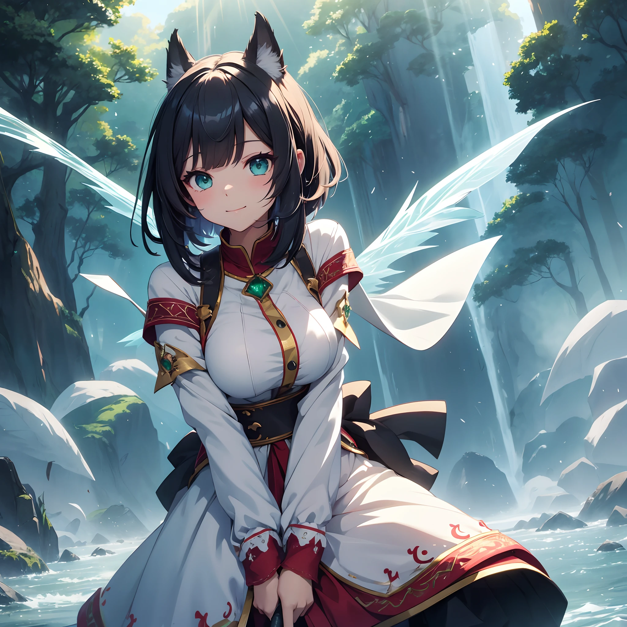 Anime style、Kawaii Girl、sketch、Chibikko、Deformed Character、SD Character、Realistic textured clothes、White and red priestess costume、Clothes with fine embroidery、Bangs Patchen、Matching bangs、up hair、Idol style、Wield a big sword on the golf swing、Spotted hair、short-hair、Long sideburns、Hanikami smile、Round Eye、Eyes color is transparent emerald、colored pencil picture、Ultra-definition depiction of the background、The area is shrouded in thick fog, however、Only one corner is illuminated by rays、A strong wolf snuggles up to his side、Illustration composition looking up、Background texture realistic
