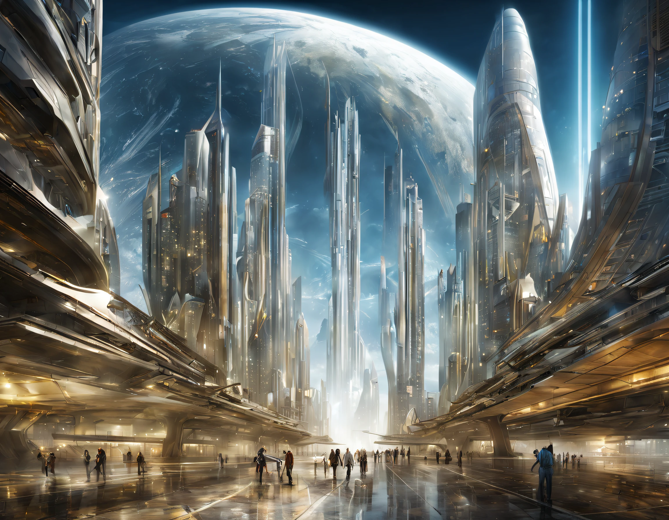 On an unknown planet there is a futuristic city with immense buildings of technological design que forman una infinita avenida, con estructuras acristaladas en plata, oro y bronce espectaculares. con colores vivos. pavimento ensolado sin brillo. gente paseando. similar a coruscant. imagen bien definida con muchos edificios juntos.