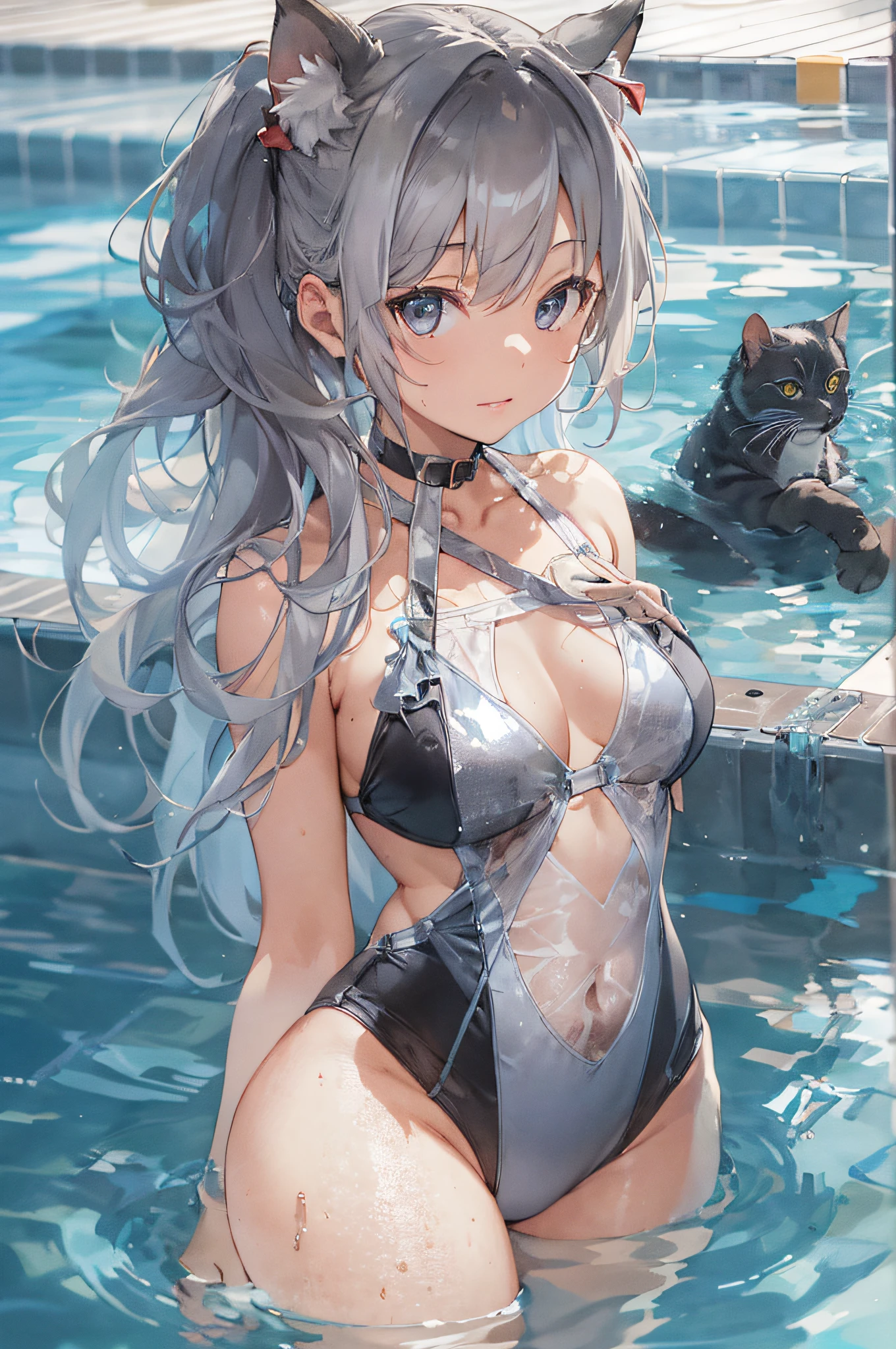 Beautiful fece, masterpiece, top-quality, hiqcgbody, animesque, 1girl in, Medium chest, The bikini, Transparent transparent black swimsuit, portrait shot, Look at viewers, Partially submerged, Outdoor pool, (silber hair),(Feline ears),poneyTail,wetted skin, intricate detailes,>,((coverd)