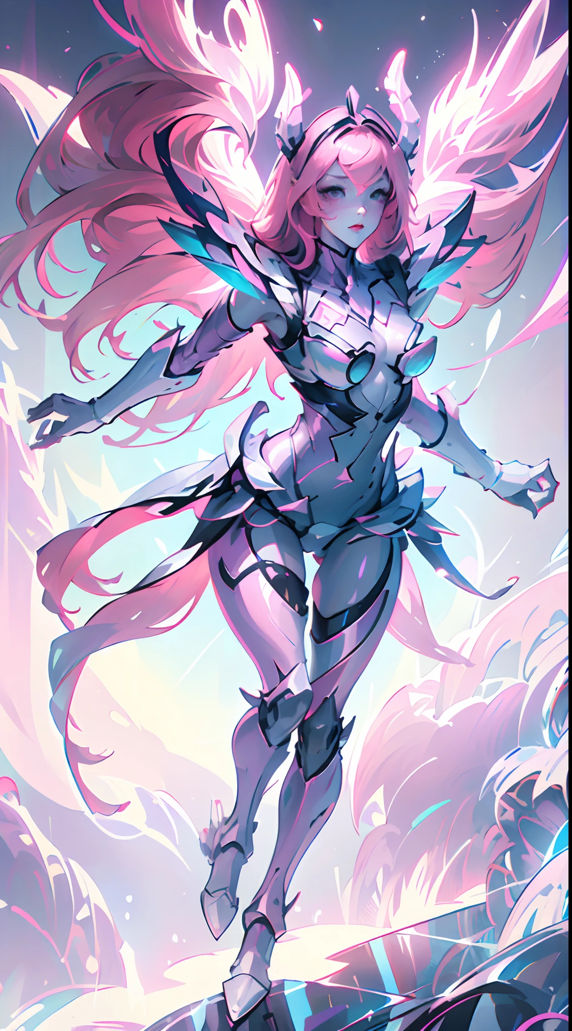 game character, solo, full body shot, Gradient, Gradient background, jewelry, selena, pink hair, Bare shoulders, Thighs, mecha style, white armor, white dress, white, white wings, light blue scarf, android, cyborg, LED light suit