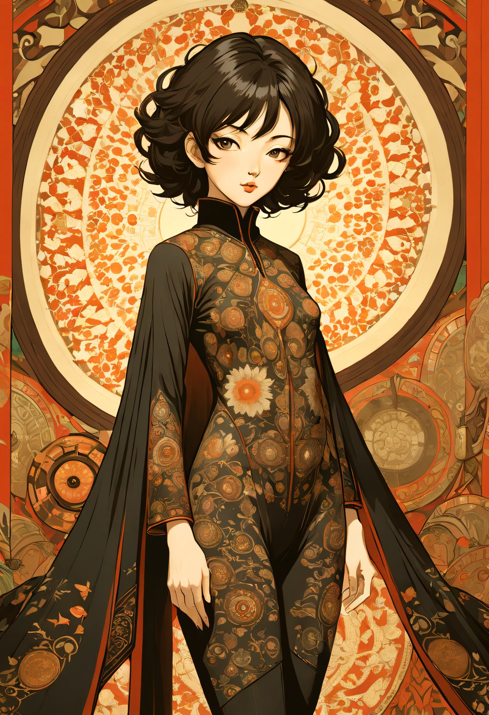 (The art of Hideyuki Kikuchi:1.1), Artistically：Satoshi kon, Digital art, Intricate, highly detailled texture, elegant, Gorgeous woman standing outside, full bodyesbian, Wearing a skinny merino wool bodysuit，Pair it with fortress accessories and long cloaks, Exquisite jewelry, (Palestinian) Writing wheel eyes, split diopter, screen print, cozily, spotlight lights, L USM, Caucasians