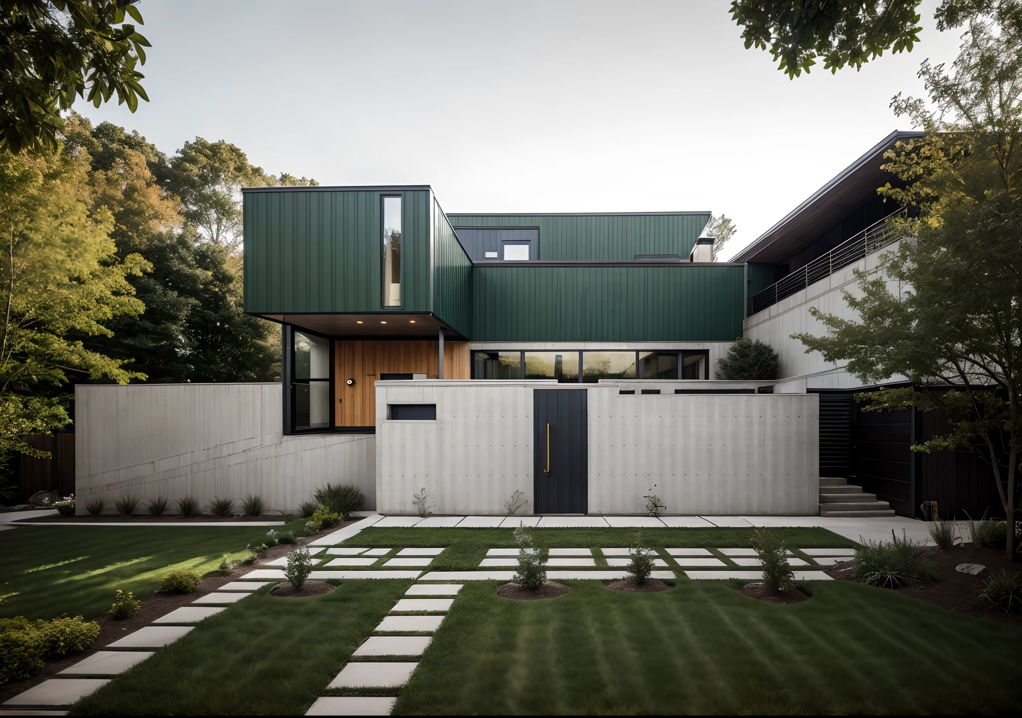 house exterior industry style, dark yellow and green color scheme, like an oldtime industry factory,raw materials, exposed structural elements, and simple, clean lines,rough-hewn steel, polished concrete, glass, and exposured brick,