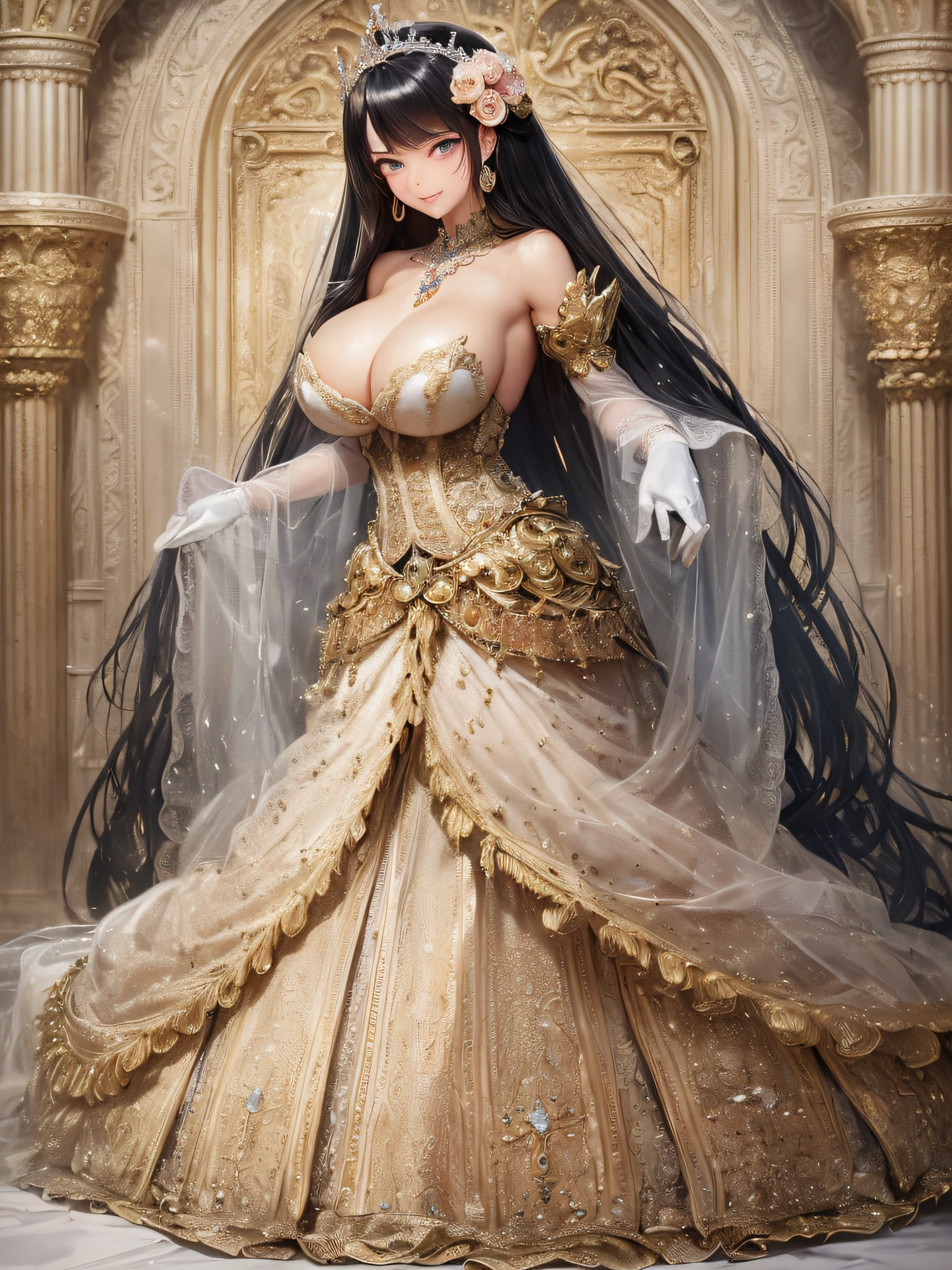 ((anime artstyle)),(Masterpiece),(Best Quality), (Super Detail),(Highly Detailed CG Unity 8k wallpaper),((Very Delicate and Beautiful)),1 lady,((full body portrait)),((standing in garden)),((solo)),(((1 princess in gorgeous embroidery and jeweled extremely gorgeous rococo princess ballgown with voluminous full length hoop skirt))),(((huge crinoline hoopskirt))),long train,((gorgeous embroidery and jeweled)),voluminous frills,See-through,(((extremely gigantic tits,skindentation))),cleavage,((absurdly Long Straight Hair,extremely voluminous Straight long Hair,absurdly Long Straight Hair)),(finely detailed face and eyes),((seductive smile,embarrassed)),clear pupil,extremely gorgeousfull hair ornament,(bling-bling jeweled extremely gorgeousfull tiara),((bling-bling gorgeous gemstone jewelry)),gorgeous long veil,((ultra long gloves)),(beautiful background),(full body),((gorgeous embroidery and jeweled extremely gorgeous rococo princess ballgown with voluminous full length hoop skirt))