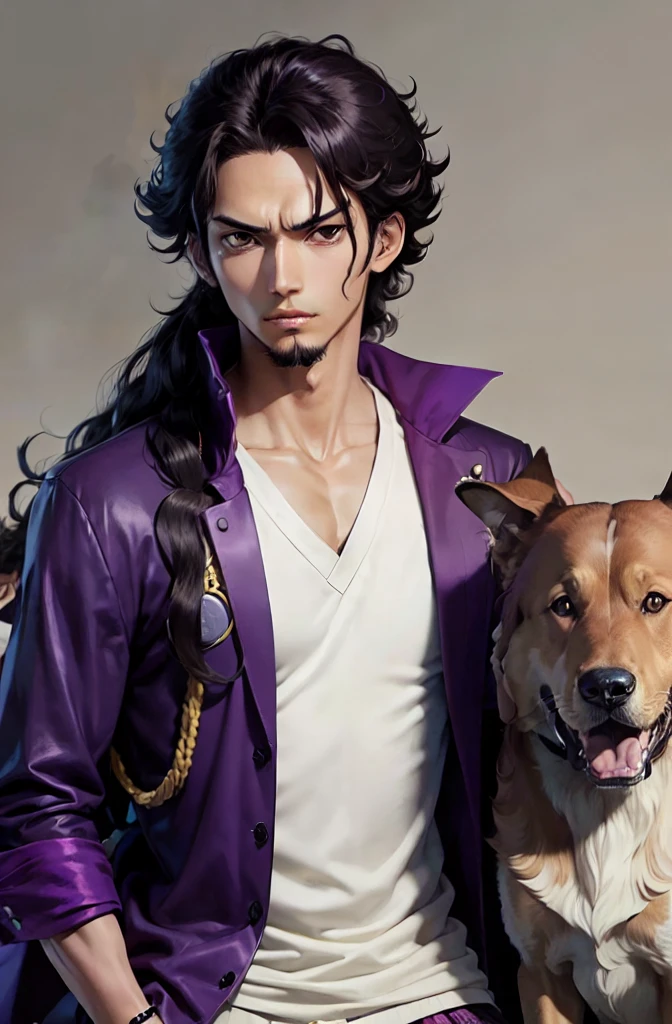 One Piece character, Eiichirou Oda style, brown boy, boy with split curly hair, long hair, handsome boy, veterinarian, purple and black clothes, dogs around him, trafalgar law, extreme long hair boy,
