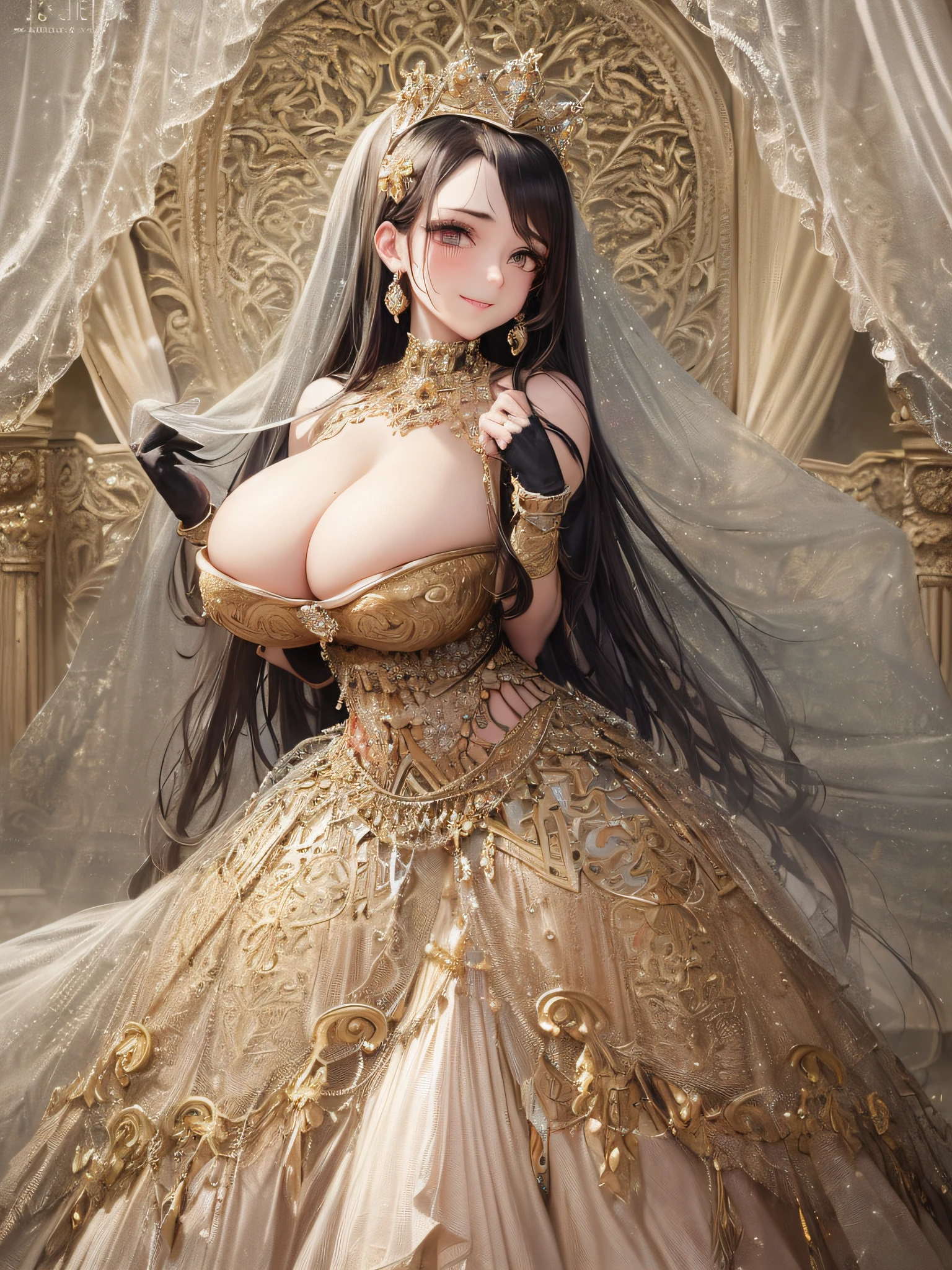 ((anime artstyle)),(Masterpiece),(Best Quality), (Super Detail),(Highly Detailed CG Unity 8k wallpaper),((Very Delicate and Beautiful)),1 lady,((full body portrait)),((standing in garden)),((solo)),(((1 princess in gorgeous embroidery and jeweled extremely gorgeous rococo princess ballgown with voluminous full length hoop skirt))),(((huge crinoline hoopskirt))),long train,((gorgeous embroidery and jeweled)),voluminous frills,See-through,(((extremely gigantic tits,skindentation))),cleavage,((absurdly Long Straight Hair,extremely voluminous Straight long Hair,absurdly Long Straight Hair)),(finely detailed face and eyes),((seductive smile,embarrassed)),clear pupil,extremely gorgeousfull hair ornament,(bling-bling jeweled extremely gorgeousfull tiara),((bling-bling gorgeous gemstone jewelry)),gorgeous long veil,((ultra long gloves)),(beautiful background),(full body),((gorgeous embroidery and jeweled extremely gorgeous rococo princess ballgown with voluminous full length hoop skirt))