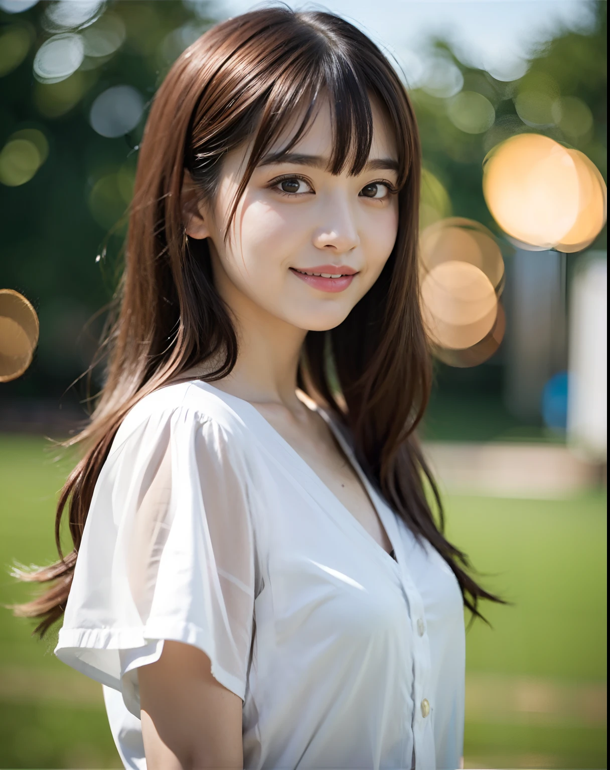 Best quality, 超高分辨率, (Photorealistic:1.4), Side view,7 points,中景 the scene is, (Bokeh:1.5), (in Suite:1.6),window,
1japanese girl, Cute, (Solo:1.6), (Shy smile), (Brown eyes), Smooth skin, (Brown medium hair,bangs),(Small chest),Dainty, (touch hair:1.4),
(off-white transparent clothes:1),
