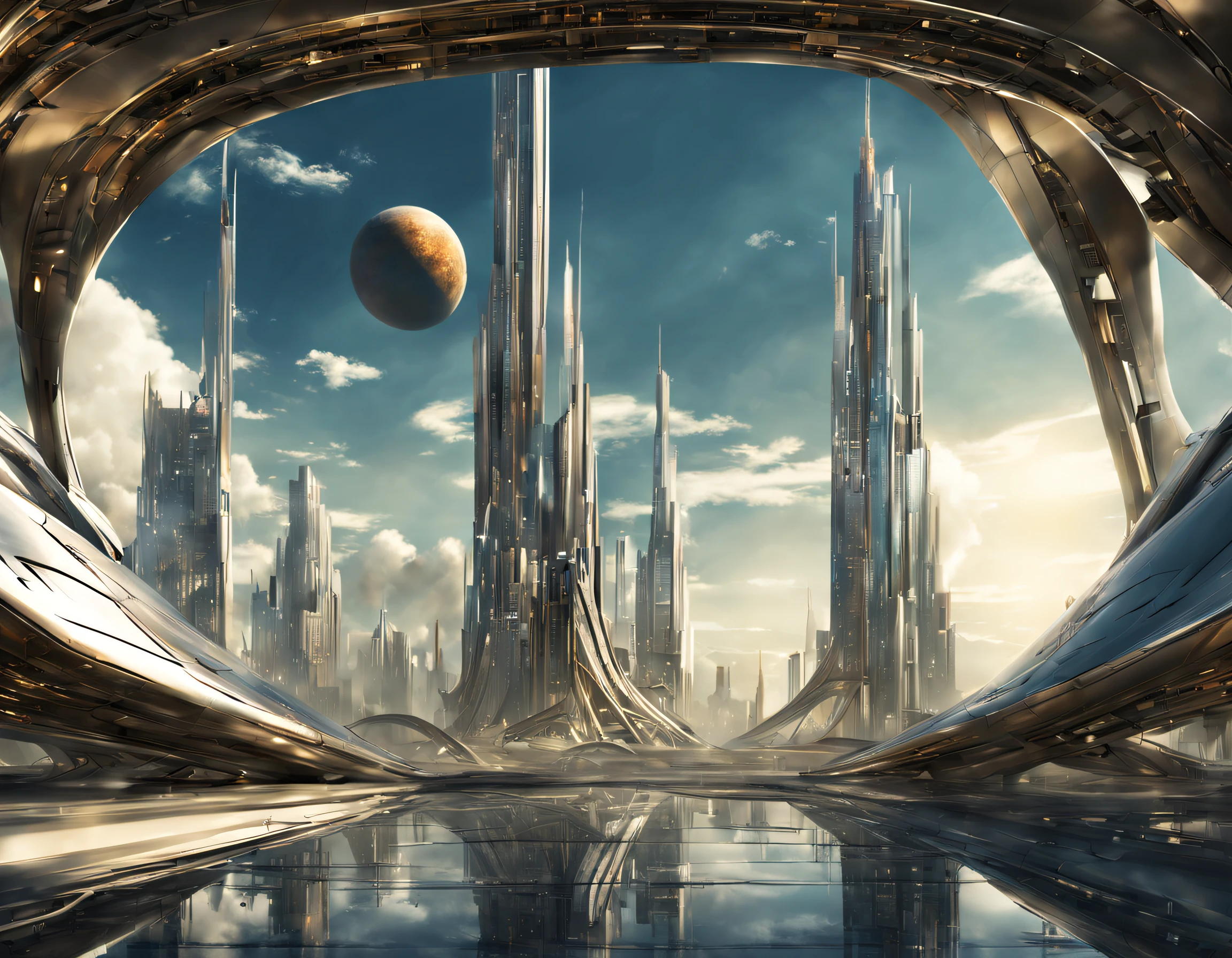 On an unknown planet there is a futuristic city with immense buildings of technological design que forman una infinita avenida, con estructuras acristaladas en plata, oro y bronce espectaculares. con colores vivos. pavimento ensolado sin brillo. gente paseando. similar a coruscant. imagen bien definida con muchos edificios juntos.