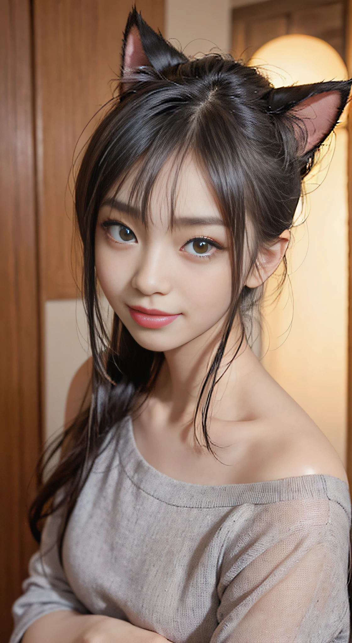 raw photo of a cute 18-year-old japanese girl with black long hair and bang between eyes, Cute idol high school girl,cute 18 year old gravure idol, j-pop idol style, Very beautiful sexy light red ponytail hair, breasts exposed, pink, cat green big eyes, Highly detailed, 25 years old, slim, full body, innocent face, naturally wavy hair, full body, High resolution, Masterpiece, best quality, intricate high detail, Highly detailed, Sharp focus, Detailed skin, realistic skin texture, texture, detailed eyes, professional, 4k, Charming smile, shot with canon, 85mm, slight depth of field, Kodak color vision, Body in perfect shape, extremely detailed, photographer_\\( ultra \\), photographerrealistic, realistic, Post-processing, maximum details, roughness, real life, ultrarealistic, photorealism, photography, 8k hd, Netstockings,stands in a seductive pose for the camera inside her bedroom, playing with her hair, a 18 year old girl wearing Lace Embellished Bustier lingerie,