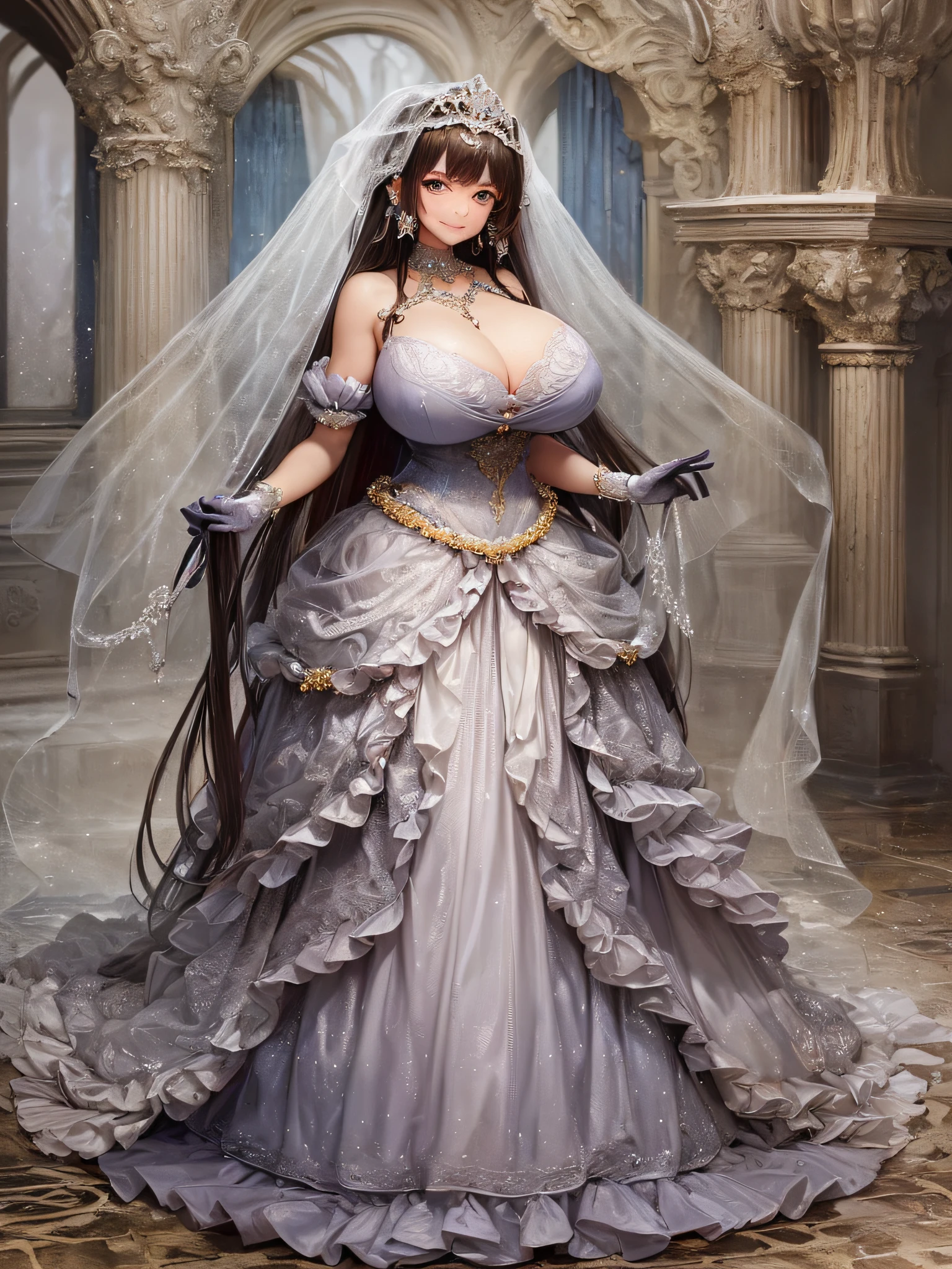 ((anime artstyle)),(Masterpiece),(Best Quality), (Super Detail),(Highly Detailed CG Unity 8k wallpaper),((Very Delicate and Beautiful)),1 lady,((full body portrait)),((standing in garden)),((solo)),(((1 princess in gorgeous embroidery and jeweled extremely gorgeous rococo princess ballgown with voluminous full length hoop skirt))),(((huge crinoline hoopskirt))),long train,((gorgeous embroidery and jeweled)),voluminous frills,See-through,(((extremely gigantic tits,skindentation))),cleavage,((absurdly Long Straight Hair,extremely voluminous Straight long Hair,absurdly Long Straight Hair)),(finely detailed face and eyes),((seductive smile,embarrassed)),clear pupil,extremely gorgeousfull hair ornament,(bling-bling jeweled extremely gorgeousfull tiara),((bling-bling gorgeous gemstone jewelry)),gorgeous long veil,((ultra long gloves)),(beautiful background),(full body),((gorgeous embroidery and jeweled extremely gorgeous rococo princess ballgown with voluminous full length hoop skirt))