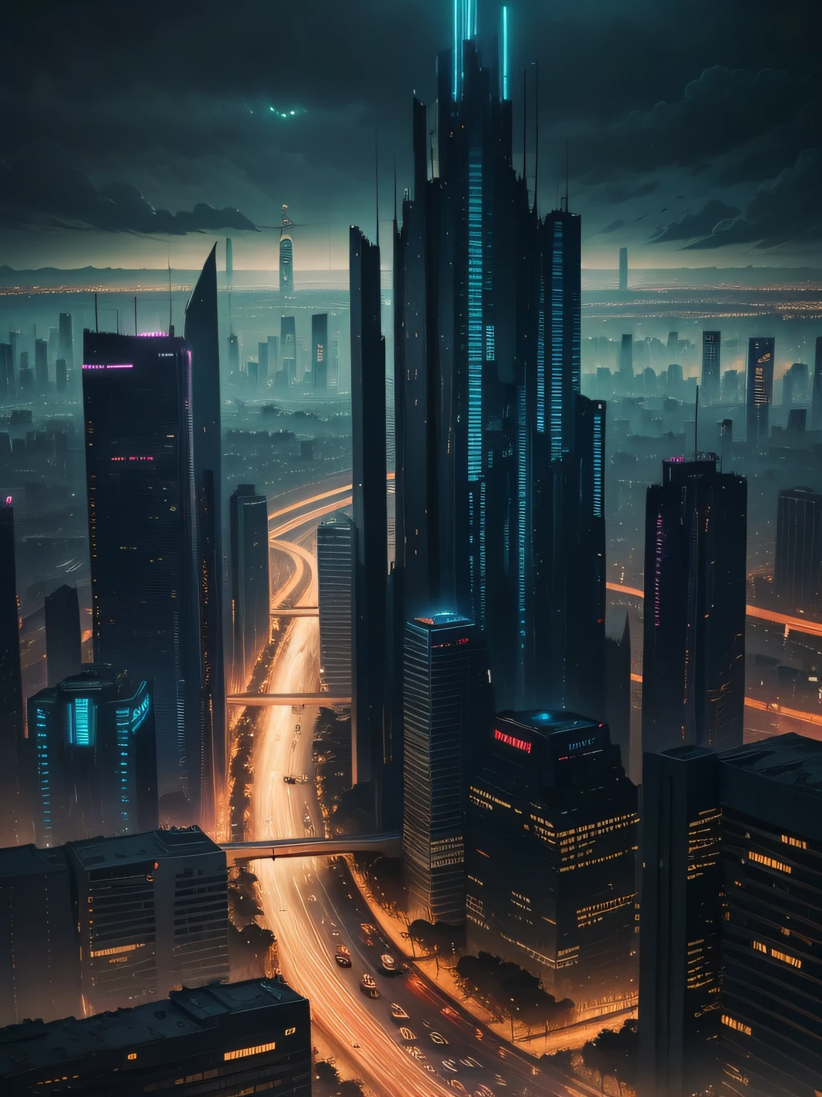 Dark City, Ruined city, Futuristic city, Cyberpunk city, rained, Night, Masterpiece, High quality, Best quality, em cor azul escuro, Tall buildings, Modern cars, Messy architecture, From above, Darker, horrid, Reduce traffic lights, Messy, Ruined,
