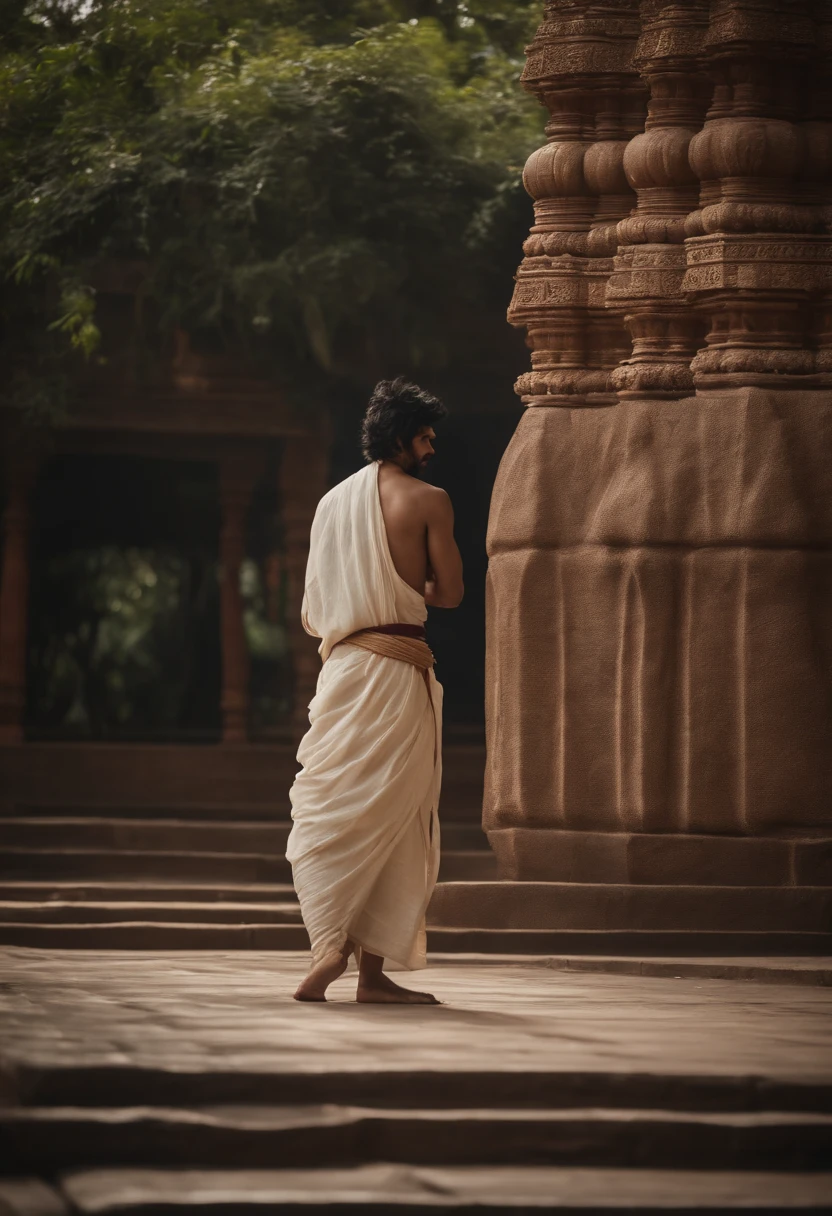 Sasuke em Indian dhoti kurta, no templo de Shiva, segurando um trishul.