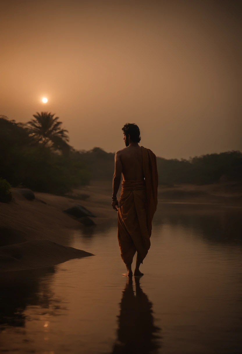 Sasuke em Indian dhoti kurta, no templo de Shiva, segurando um trishul.