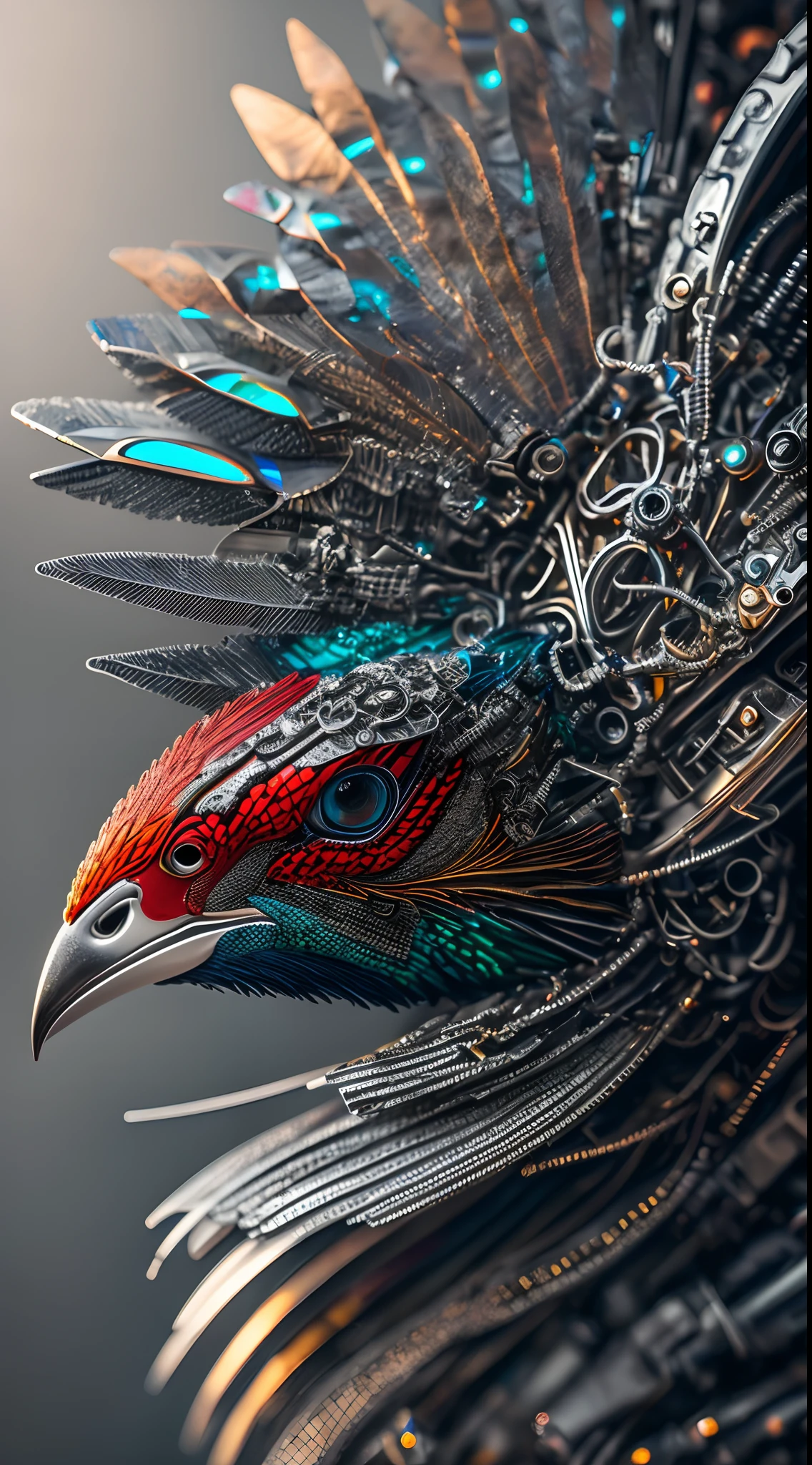 (1 red mechanical peacock: 2), (8K, 16k, Award-Awarded, Top quality, high resolution, Super detailed, Anatomically correct, mast, Photorealistic), Solo, Peacock feathers,Peacock crown, parts of metal, Fine detail parts, metallic reflective, mechanical structure, Metal wings, The eyes are light, gear wheel, bolts, screws, Cyberpunk, Polished parts, Mattire, CGSesociety, (Beautiful: 1.2), DreamlikeArt, Greg Lutkovsky(Greg Lutkowski)of hyper-detailed realism, (film gray: 1), high resolution, Sharp focus, Contrast, Intricate details, Air glow, refracted lighting, Unreal Engine 5, concept photo, Octane rendering, CGSociety trends, Colored smoke, Crazy details, Steampunk details, Intricate details, Super detail,Laser material