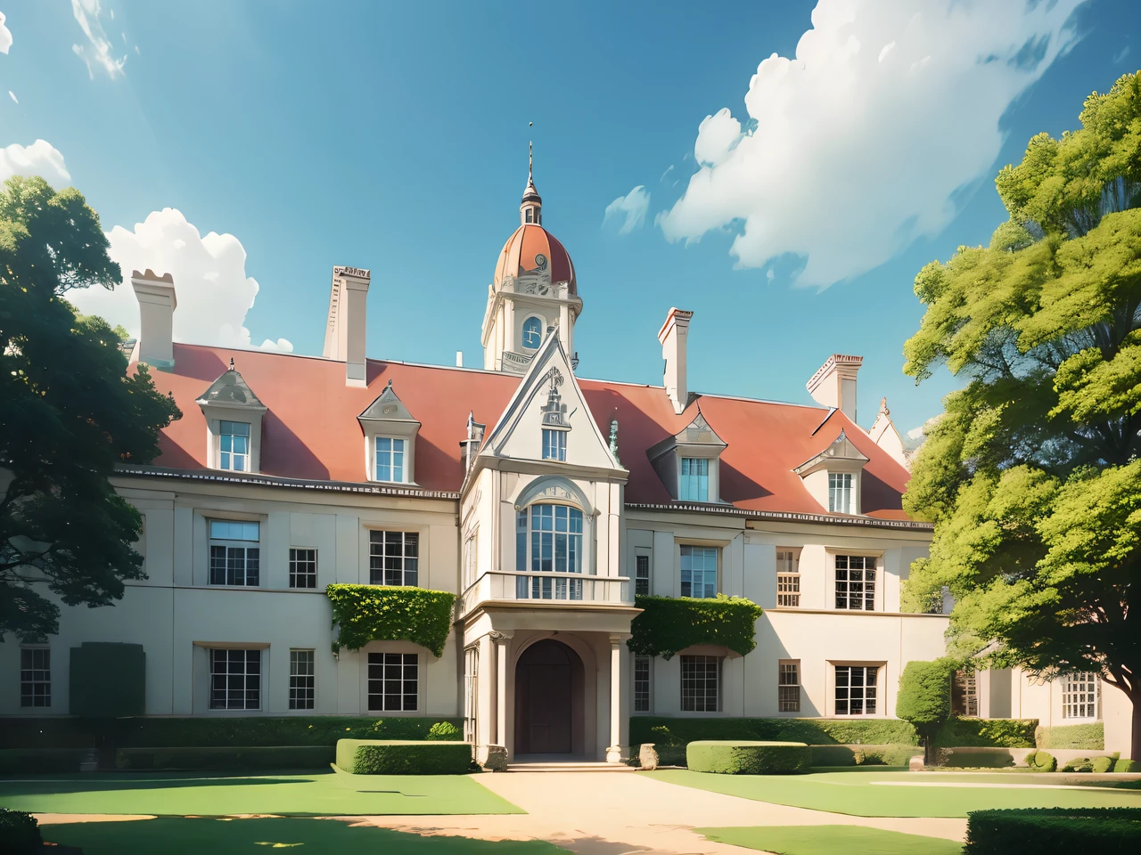 19th-century English-style palace surrounded by a lush garden. 90s anime-style image, imagen detallada, imagen de alta calidad, imagen para escenario de visual novel