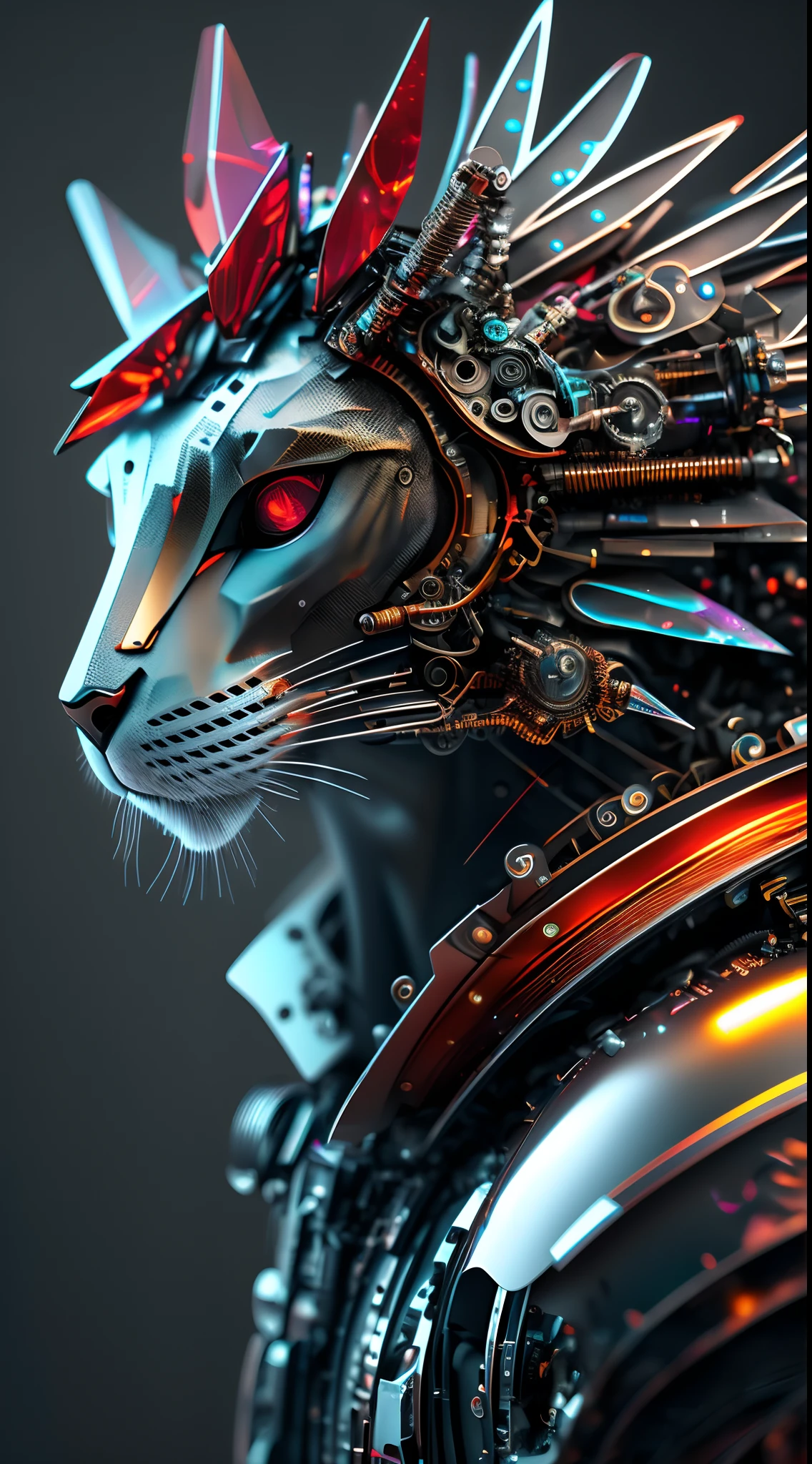 (1 red mechanical cat: 2), (8K, 16k, Award-Awarded, Top quality, high resolution, Super detailed, Anatomically correct, mast, Photorealistic),  Solo, Peacock feathers，Peacock crown,  parts of metal, Fine detail parts, metallic reflective, mechanical structure, Metal wings,  The eyes are light,  gear wheel, bolts, screws, Cyberpunk, Polished parts, Mattire, CGSesociety, (Beautiful: 1.2), DreamlikeArt, Greg Lutkovsky（Greg Lutkowski）of hyper-detailed realism, (film gray: 1), high resolution, Sharp focus, Contrast, Intricate details, Air glow, refracted lighting, Unreal Engine 5, concept photo, Octane rendering, CGSociety trends, Colored smoke, Crazy details, Steampunk details, Intricate details, Super detail,Laser material