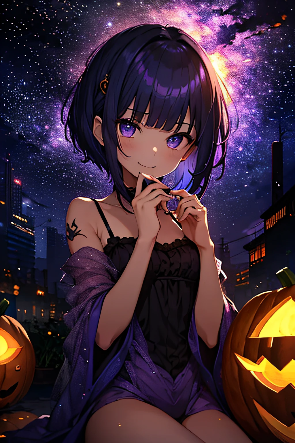top-quality、Top image quality、in 8K,4K,masterpiece、(NSFW:1.1)、ultra-detailliert、Beautiful、ultra-quality、adult-like、Cool、girl with(((18year old、negligee:1.5、Bust 78、a short bob、Happiness、Jack-o'-lantern、The tattoo)))、hiquality、visualart、Background with((Halloween 1.3))、(masutepiece:1.3), (Best Quality:1.3), High resolution, Couboy Shot, on back, Sleeping, (One Cute Girl:1.3), Solo, huge smile、doress、Flashy costumes、Angel Ring、eight-headed person, Purple hair, (bobhair:1.2), Mixed mesh and light blue、Short hair, (Blunt bangs:1.2), Beautiful hair, Eyes are purple, Miraculous Eye、Beautiful detailed eyes, ultradetailed eyes、Glitter eyes、Octane eyes,cloud,from the rear、Colorful starry sky,Stars,Iridescent aura around the eyes、Squat position、Lie down and stick your hips out、Iridescent eyes、Narrowed eyes sucked in,Wearing a rainbow-colored aura from the whole body、purpleish color, Outdoors, Purple background, Shadow lighting,perfectbody