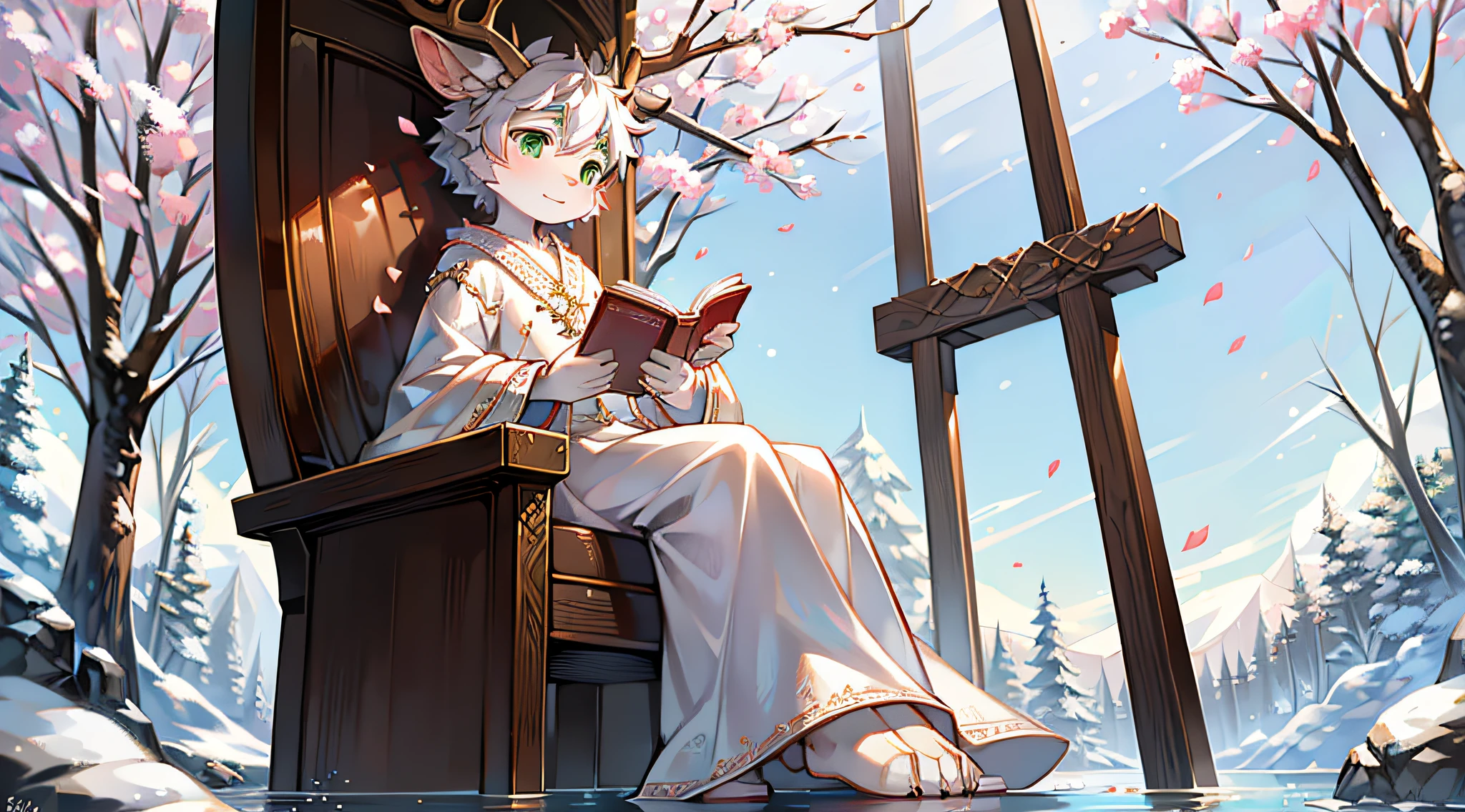 A white deer,Pear blossom tree,falling flower petals,flowing river,White robe,Green pattern,sitting on the stone,snow covered,out a hand,ornate backdrop,Falling snowflakes,sitting sideways,Reach for the snowflakes,k hd,solo person,arcadia,falling flower petals,Pink petals,With a book on his lap,deer antlers,eye glass,Expectant eyes,flying petal,The petals float in the air,Shota,adolable,Green eyes