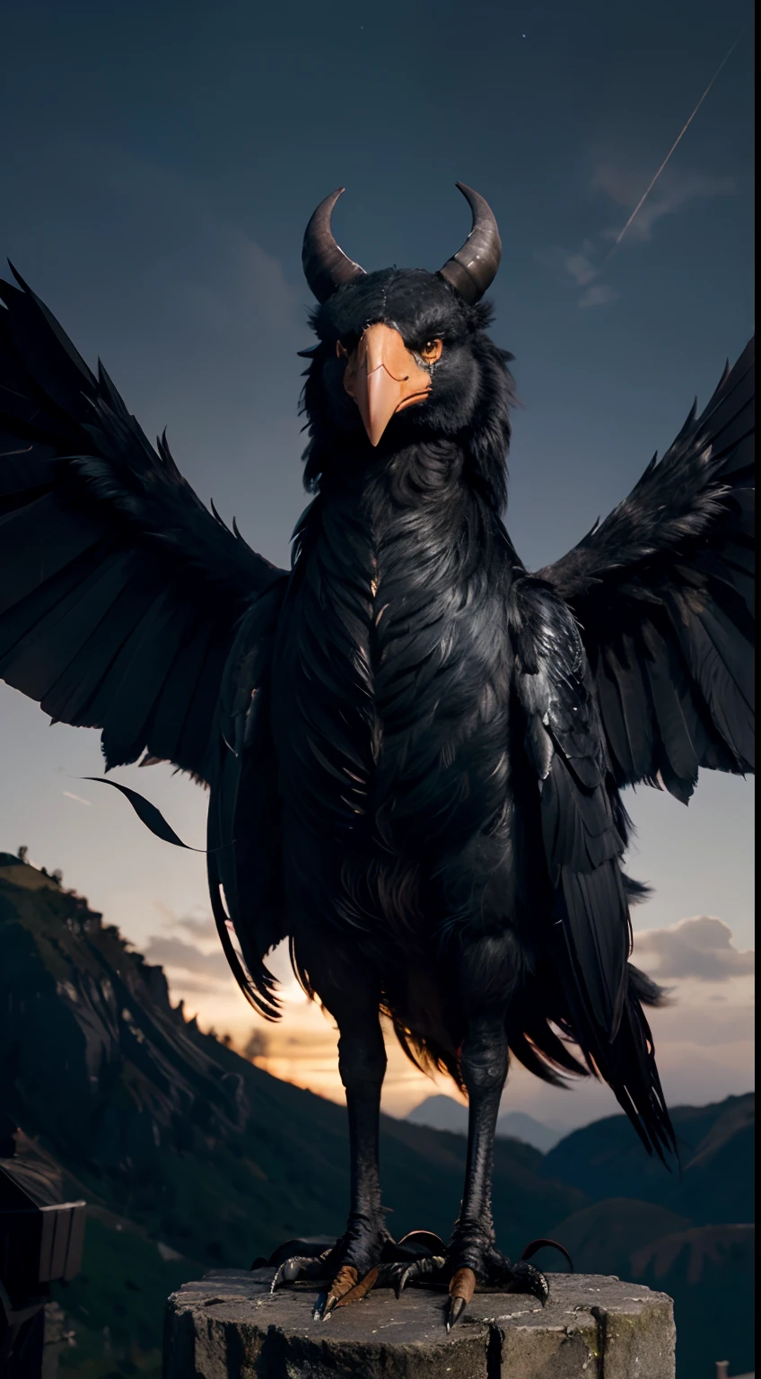 "Please create an image of Mika, the winged monster of the night, standing at 2.5 meters tall, with four legs resembling a giant bird, feathers as dark as night that absorb light, wings featuring white feathers like clouds, a menacing beak filled with teeth on the upper part, and a pair of small horns protruding from the beak. The image should capture Mika's sinister and menacing appearance against a dark and nocturnal backdrop."