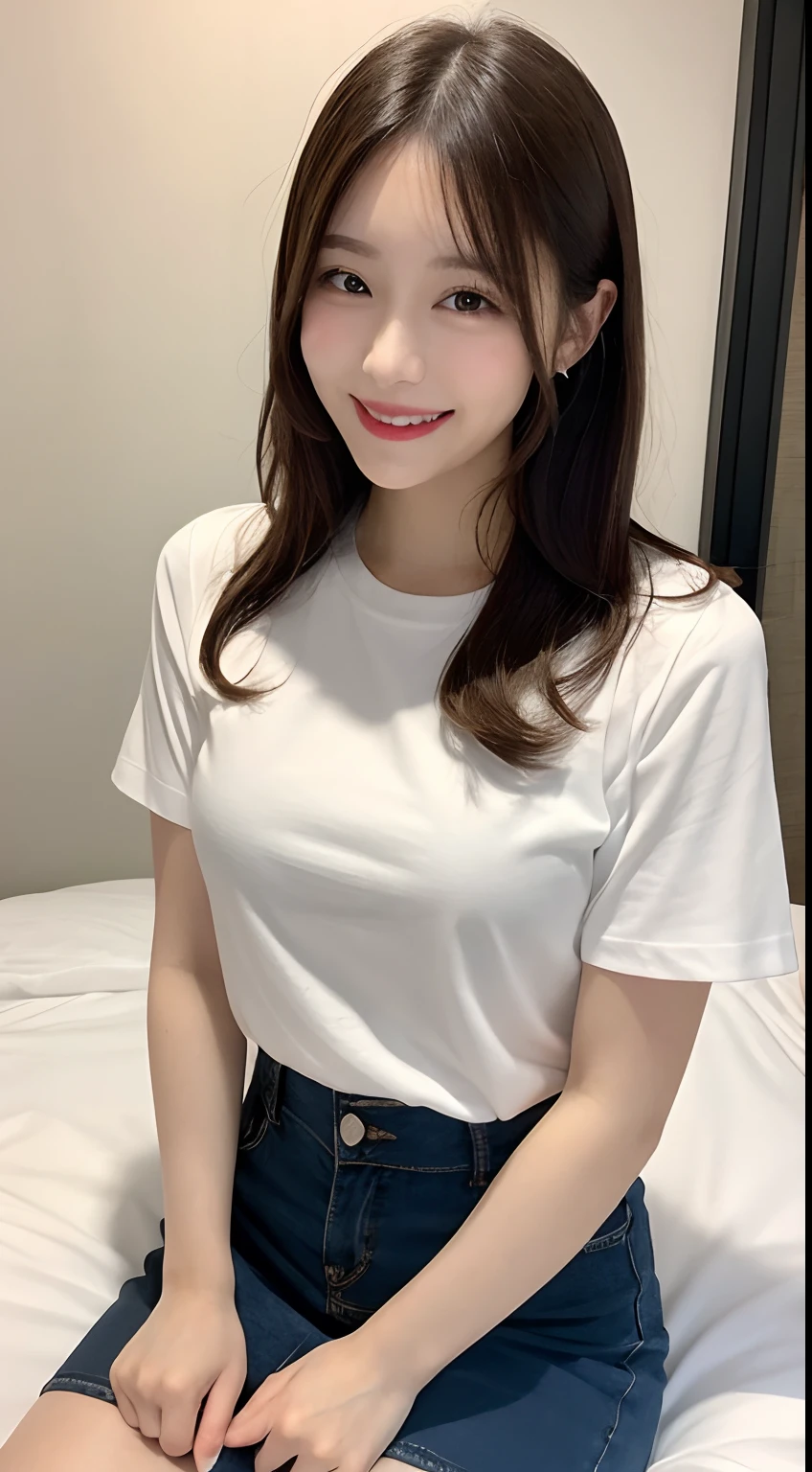 White tight shirt、White tight mini skirt、a bed、a smile、shortsleeves、high-level image quality