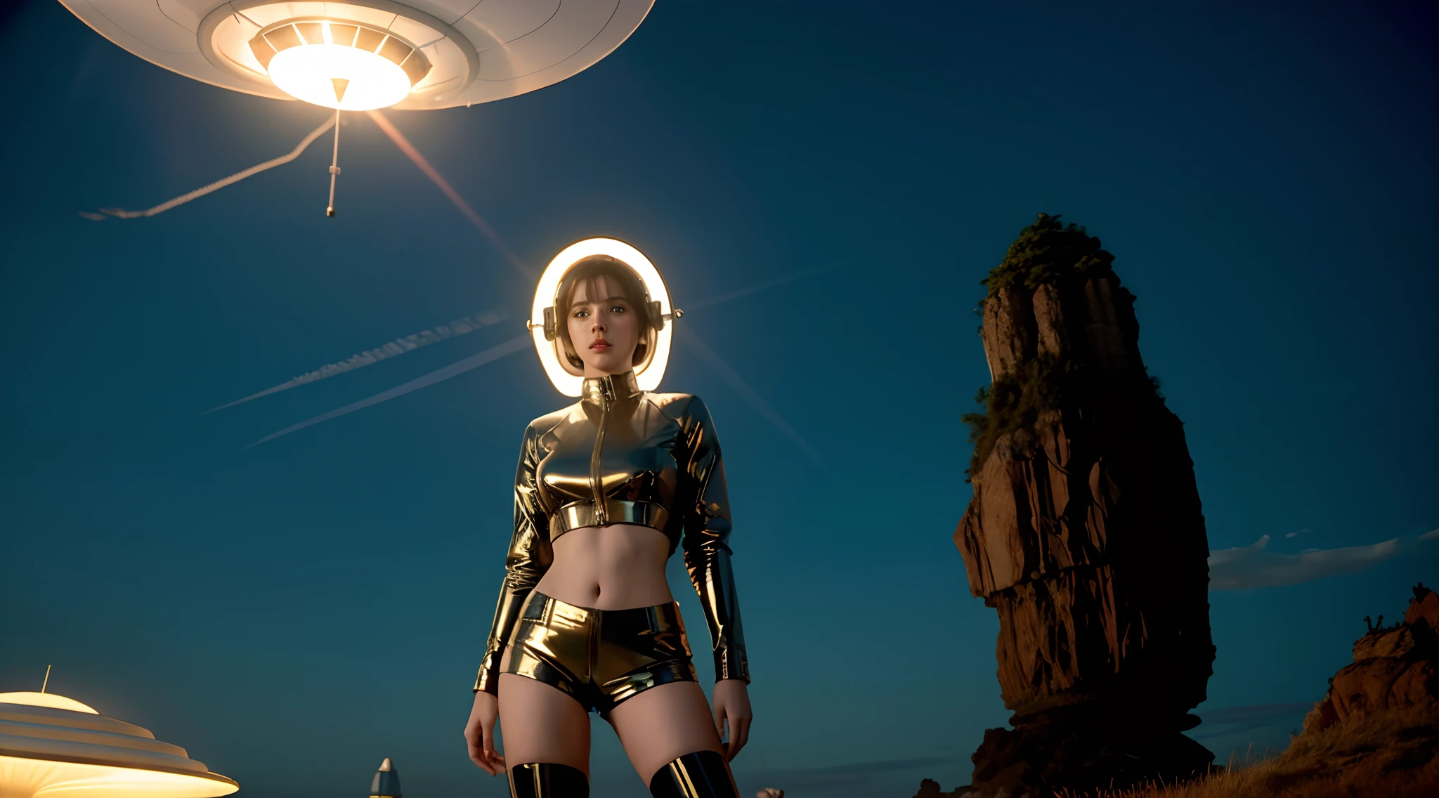 mulher loira, mulher jovem, coxas grossas, usando shorts curtos skintight de latex, seios nus, seios grandes, mamilos rosados, porcelain skin, NSFW, Standing in front of a flying saucer, Flying saucer hovering in the sky in a science fiction movie, epic sci-fi movie still, movie still of the alien girl, an epic scifi movie still, dramatic sci-fi movie still, alien woman, Sci Fi Dramatic Lighting, sci-fi cinematic movie still, alien girl, as a retro futuristic heroine, sci-fi movie still