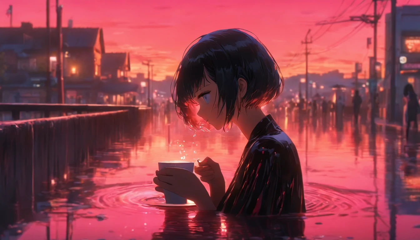 a girl, short black hair, red eyes, black dress, drinking coffee, water puddle reflection, side street, coffee shop, sunset, pink sky, absurdres, high res, ultrasharp, 8K, masterpiece, photorealistic, cinematic lighting, closeup photograph