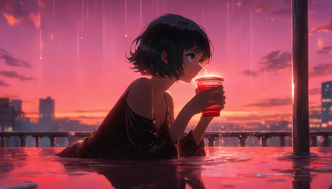 a girl, short black hair, red eyes, black dress, drinking coffee, water puddle reflection, side street, coffee shop, sunset, pink sky, absurdres, high res, ultrasharp, 8K, masterpiece, photorealistic, cinematic lighting, closeup photograph