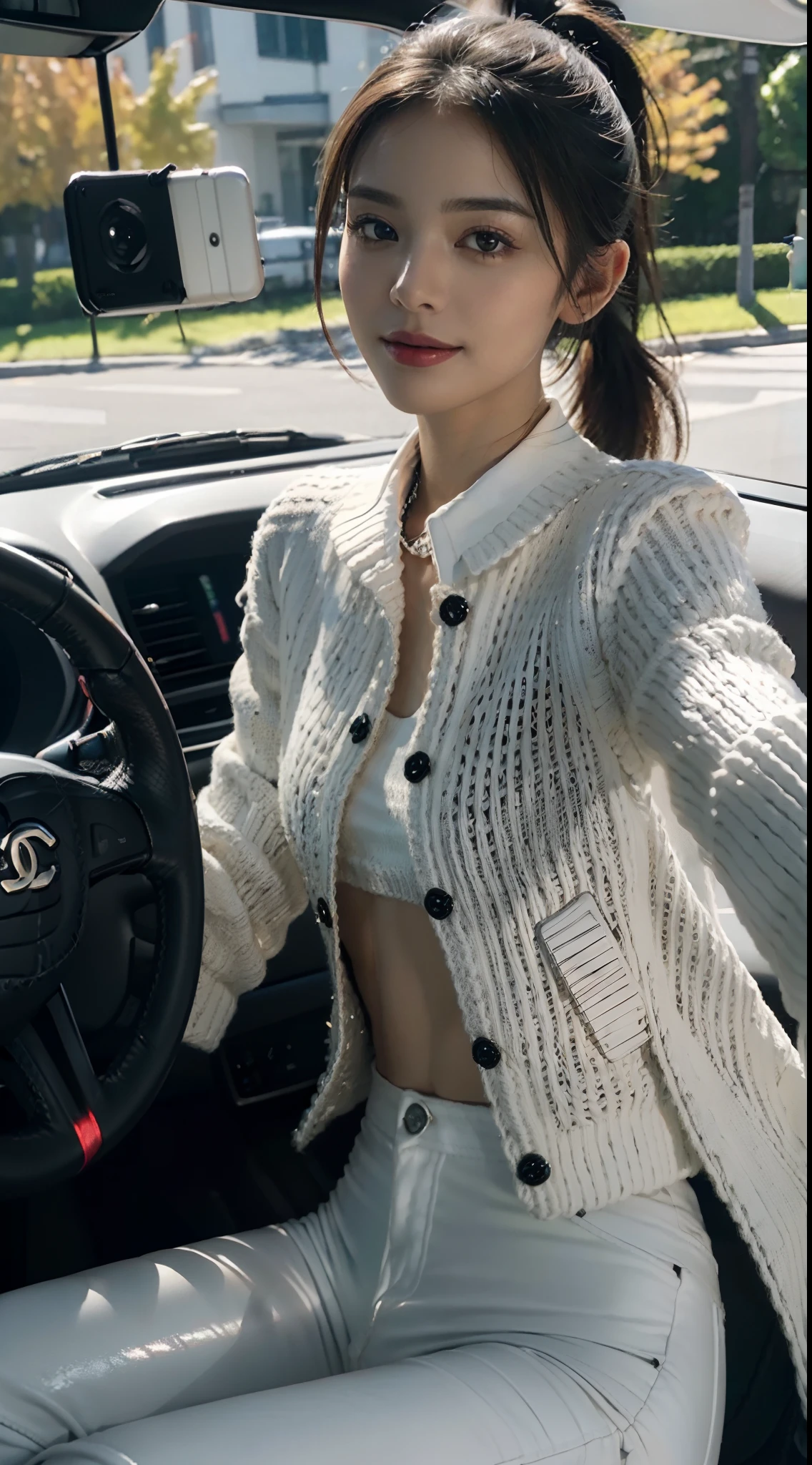 ((Small underboob)), (shoulder length straight short hair:1.1),Upper body, （Extremely meticulous CG 8k wallpaper），（Extremely refined and beautiful），（Masterpiece），（best qualtiy：1.0），（Ultra High Resolution：1.0），beautiful light up，Perfect lightning，realistic shaded，[A high resolution],(Smooth and flawless fair skin:1.5),(shiny skin:1.5),Extremely exquisite facial details,(perfect body：1.1），ultra - detailed，A beautiful girl,small head,glasses,(Small breasts:1.1)，Flat chests，slim，thin，Smile，cheerfulness,(black dog collar:1.5),(white sweater:1.5),(black pantyhose:1.5），autumn，Morning,in a spacious private car,A female driver,sitting in seat,(Steering wheel:1.5),intently driving car,safety belt,Shot,(cowboy shot:1.3),as if the camera is on the passenger seat,(Portrait above chest level:1.3),looking straight ahead,legs open