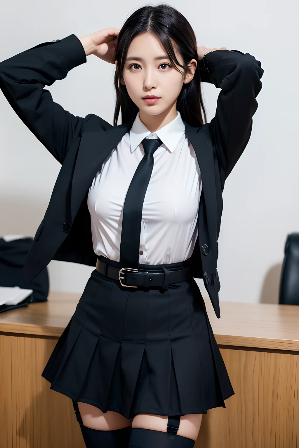 (masutepiece:1.2),High quality,vivd colour,flat-colors,Deep Depth Of Field,Lens Flare,1 girl,Black hair,eyecontact,Suit,Collared shirt,Belt bag,suspenders,Professional,Office Lady,Mature Women,Black mini skirt　garterbelts　knee high　Stockings　Black Niso　Colorcon armpit sweat　perspiring　Side of both hands,Black jacket,Gaze,ample bosom,Armpit sweat,Exposing the armpits"Pichi Pichi clothes