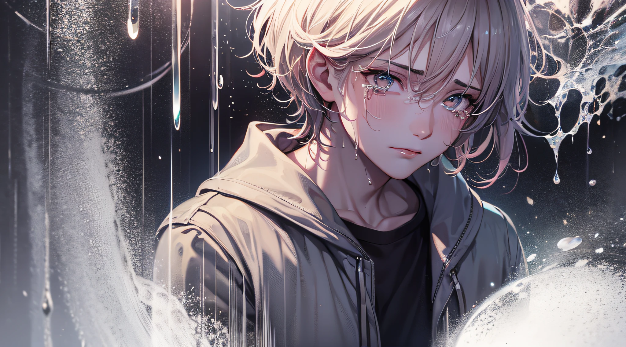 a teenager male, cry for love, on the top of the building, heavy rain drop down, wet clothes, wet hair, clear face, lonely, tearing up, eye reflection, streaming tears, tears, ray tracing, reflection light, chiaroscuro, cinematic lighting, close-up, masterpiece, best quality, high details, highres, ccurate, textured skin, high quality, UHD, HD