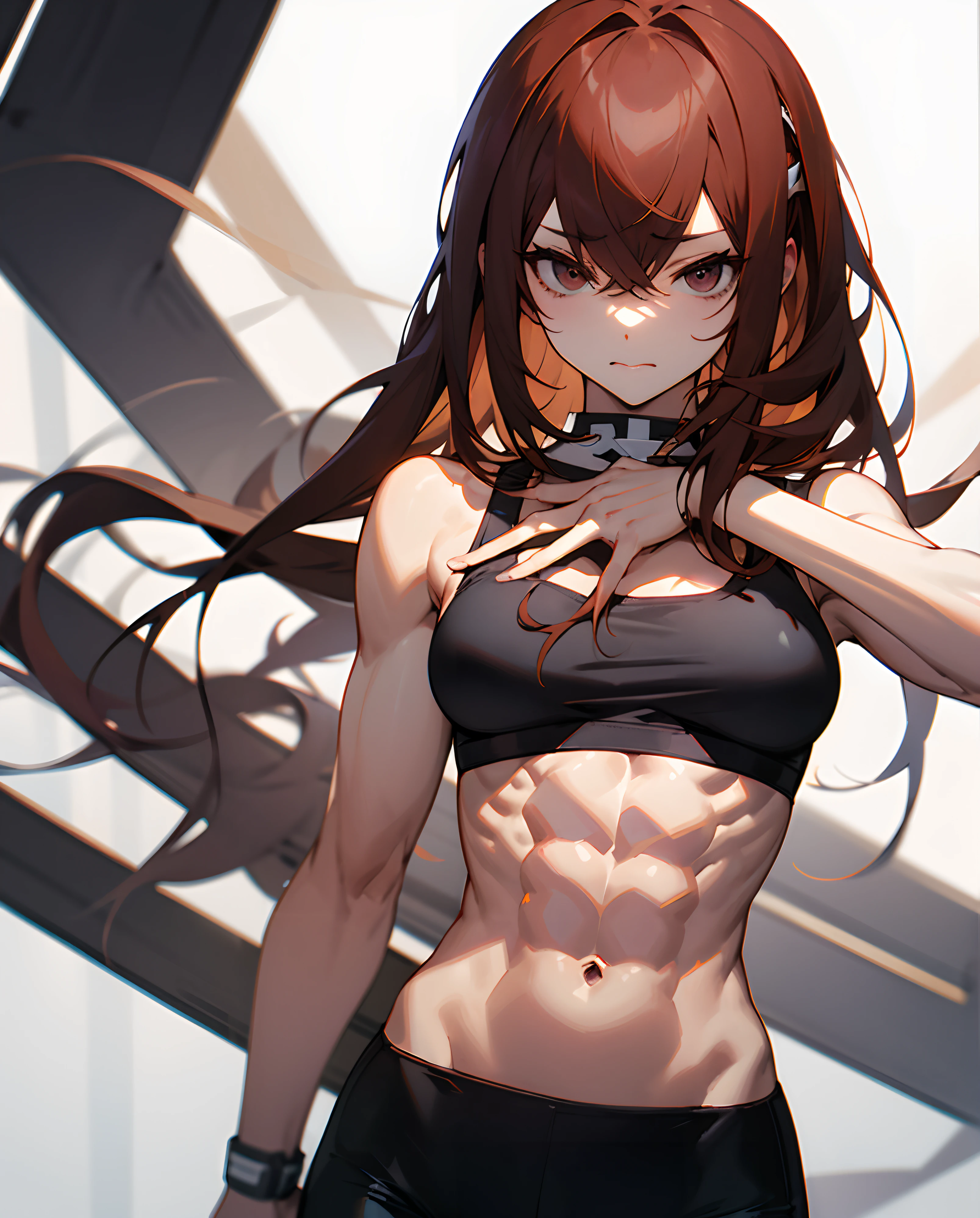 Kurisu makise, six pack abs, black sport bra, black leggins