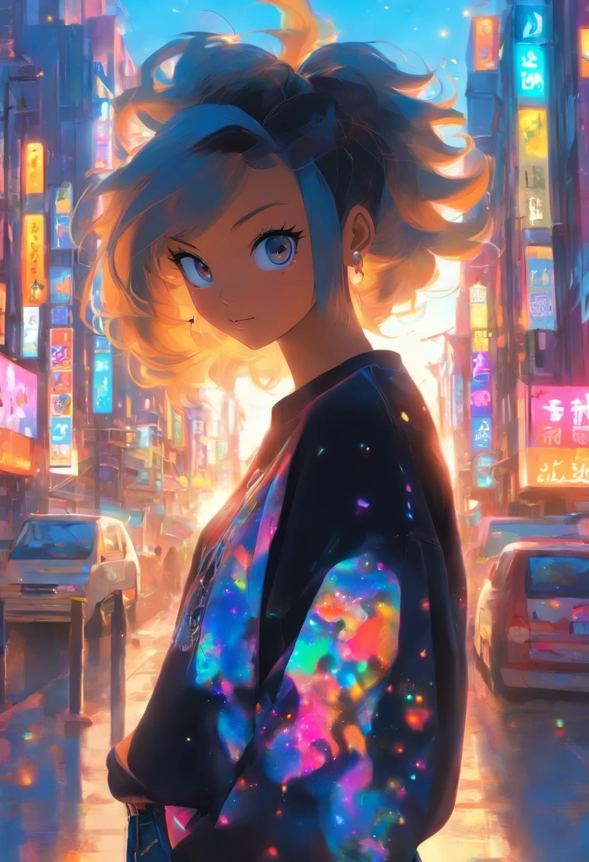 bobo head，Long black sweatshirt，denim short，White sneakers，Anime shoujo，On the street，Bright sunshine