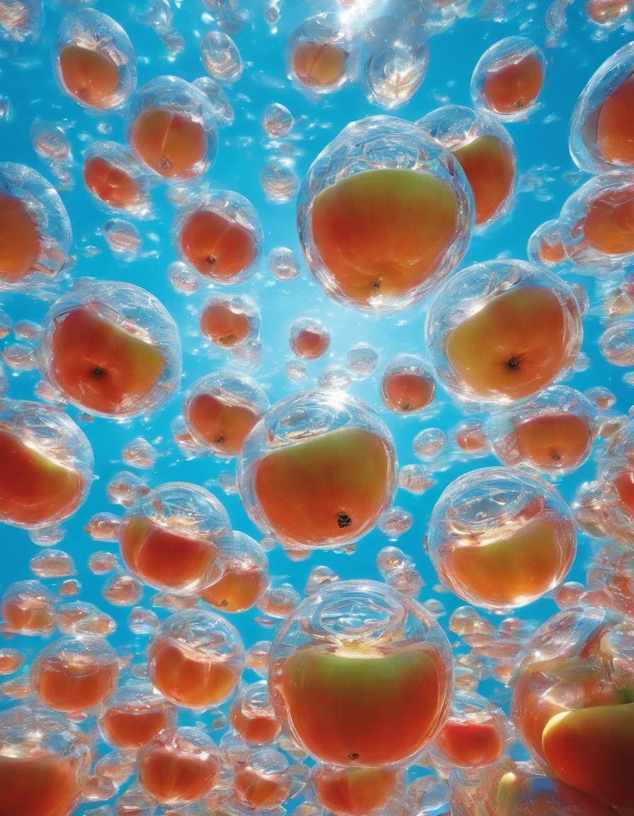 Glass-clear apples float on crystal clear water, winter, Blue sky,