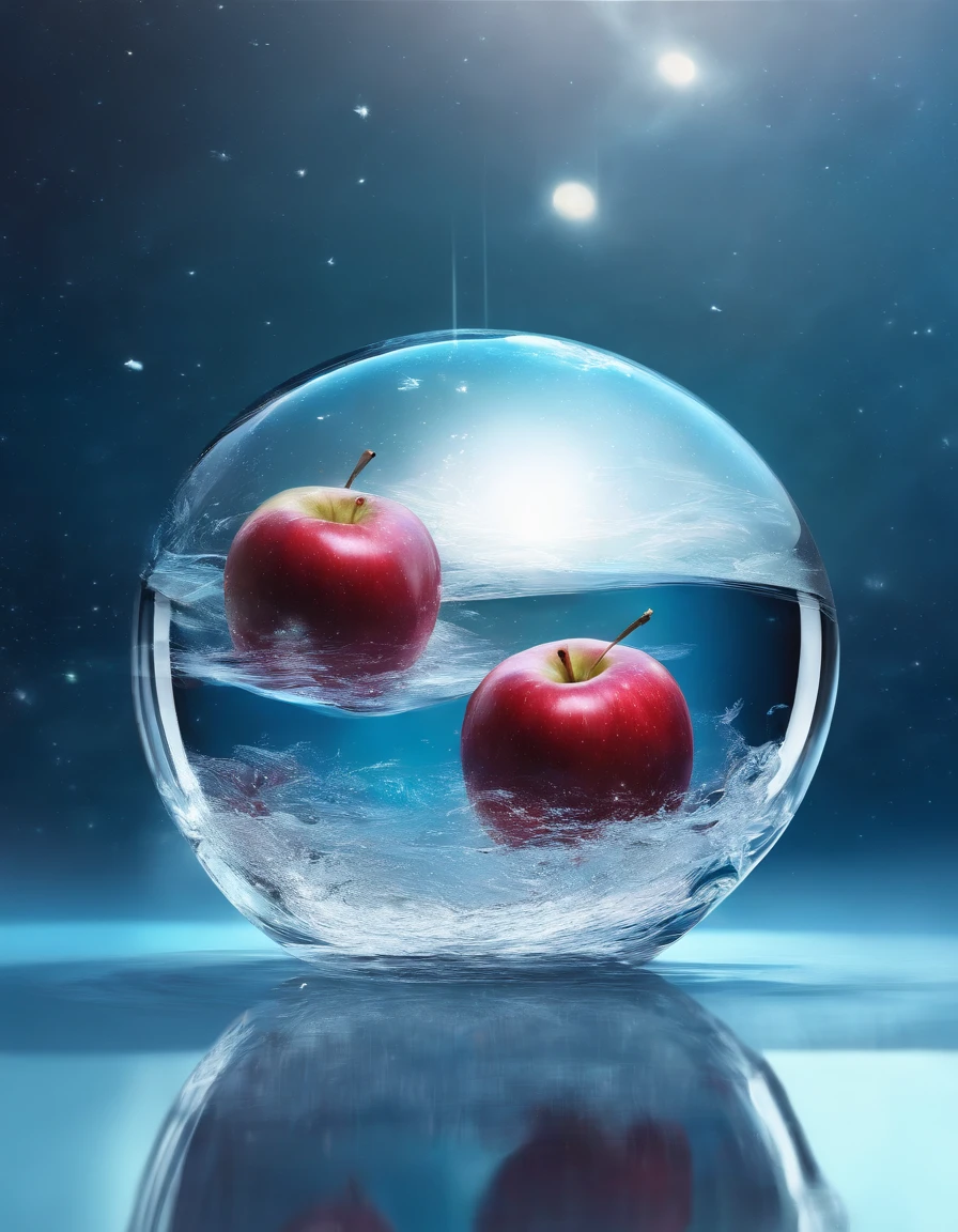 Glass-clear apples float on crystal clear water, winter, Blue sky,