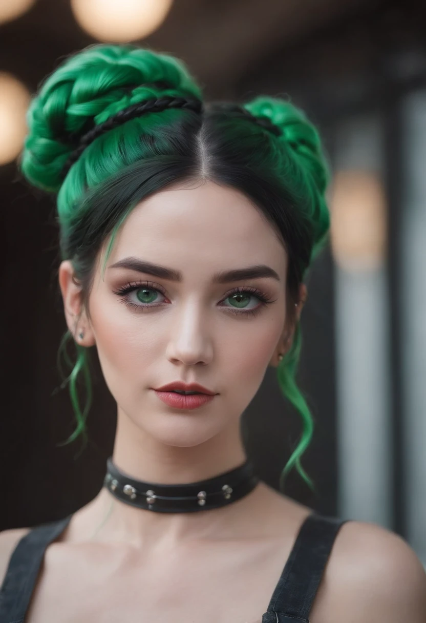Jolyne Cujoh, green hair, black hair, braid, double hair bun, green eyes, green lipstick, full lips, wristband, tattoo, cowboy shot