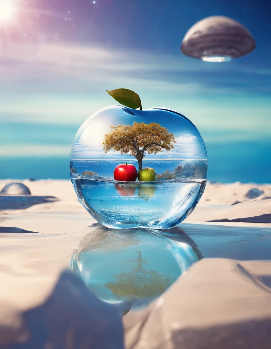 Glass-clear apples float on crystal clear water, winter, Blue sky,