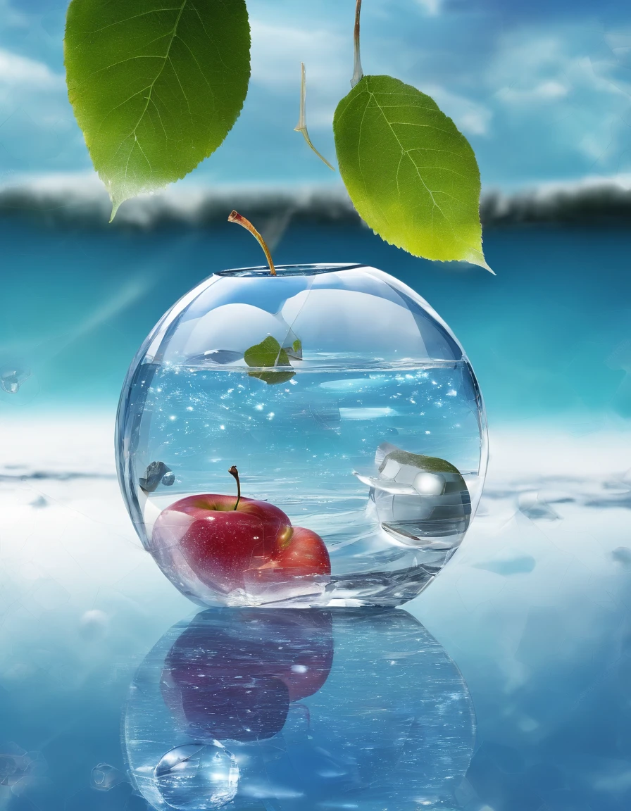 Glass-clear apples float on crystal clear water, winter, Blue sky,