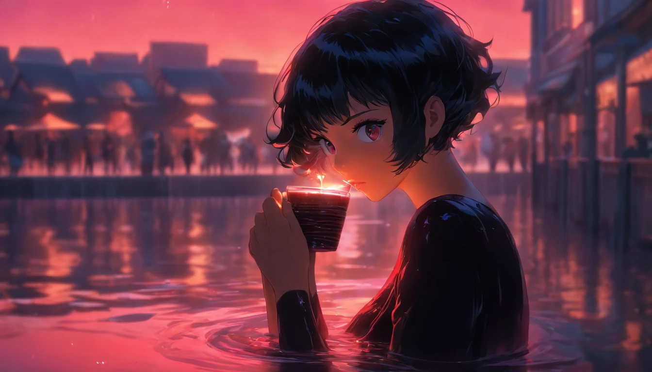 (blurry background:1.3), (extremely detailed fine touch:1.3), (hard light, studio light, light rays, dappled light, reflection, shadows, ray tracing:1.0), (2D:1.3), ///, kawaii girl, short black hair, (((yellow glasses:1.3))), underrim, (headphones:1.2), black cat, looking out at the sea, drink in a plastic bottle, sea sparkling in the setting sun, back view